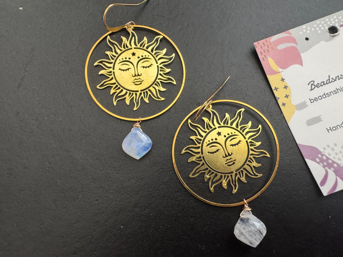 Sun Statement earrings moonstone earrings, Modern brass earrings