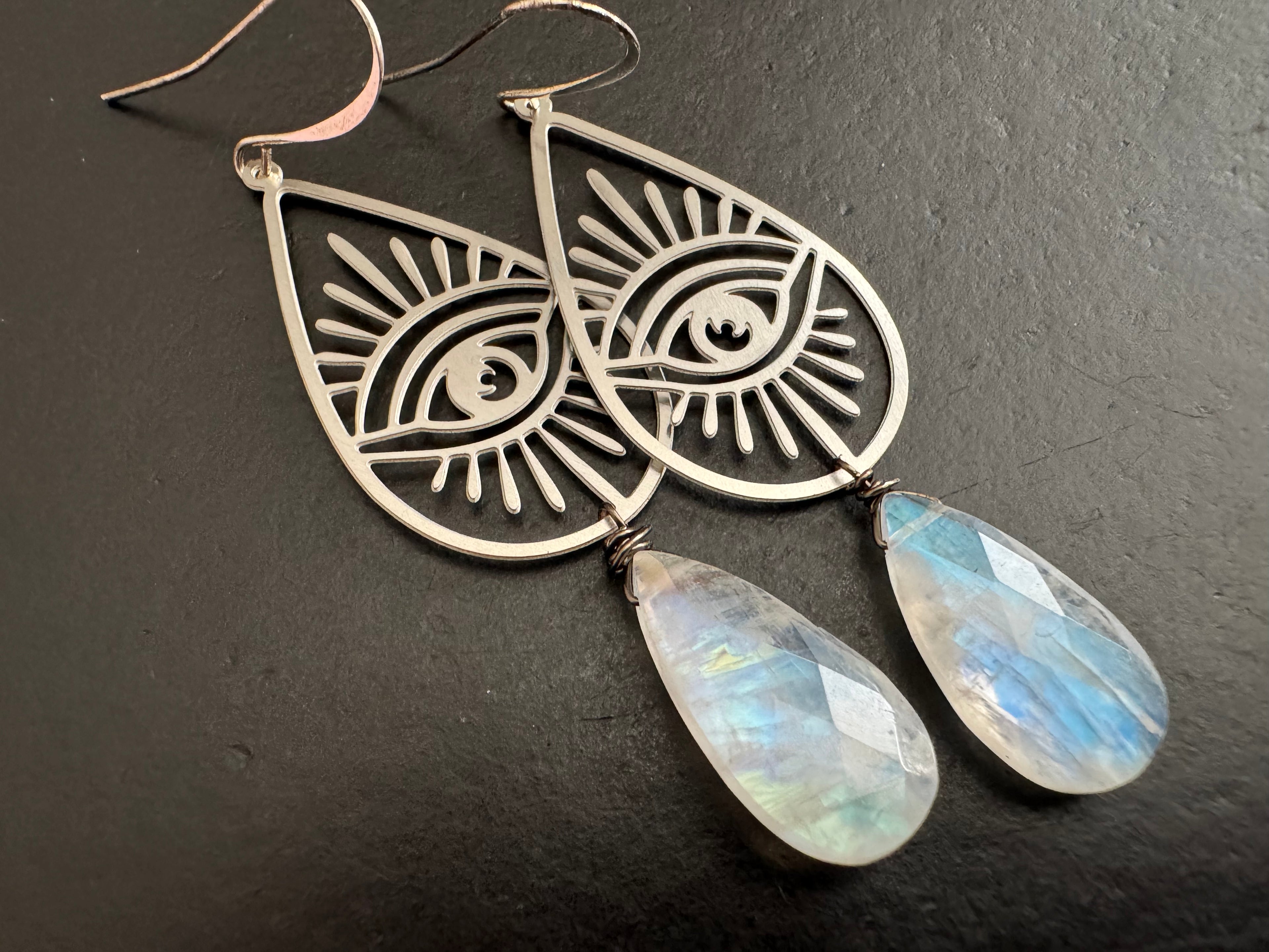 Statement earrings, moonstone dangles, Modern boho earrings, moonstone earrings, stainless steel eye earrings, Moonstone Evil Eye Teardrop Earrings
