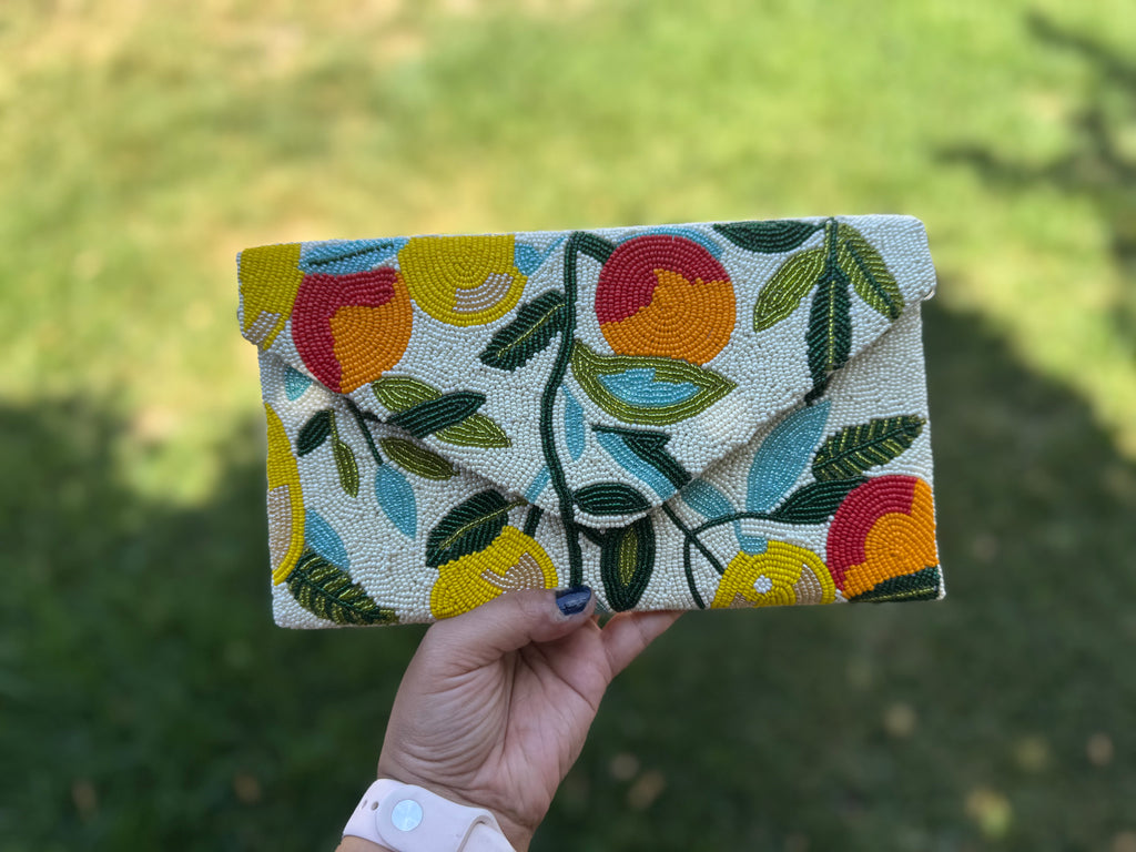 Orange Beaded Clutch Bag | Handmade Beaded Envelope Clutch | Summer Citrus Purse | Statement Accessory | Tropical Summer Purse | double side