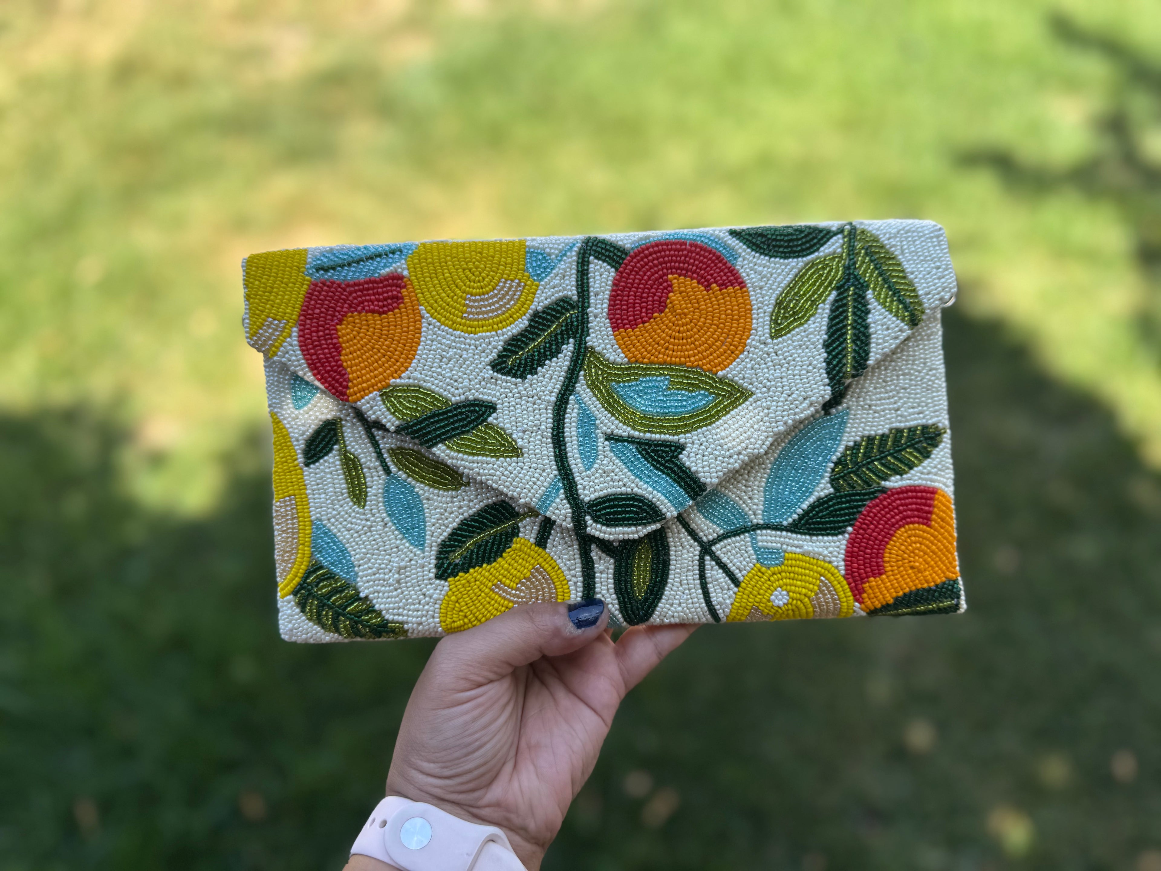 Orange Beaded Clutch Bag | Handmade Beaded Envelope Clutch | Summer Citrus Purse | Statement Accessory | Tropical Summer Purse | double side