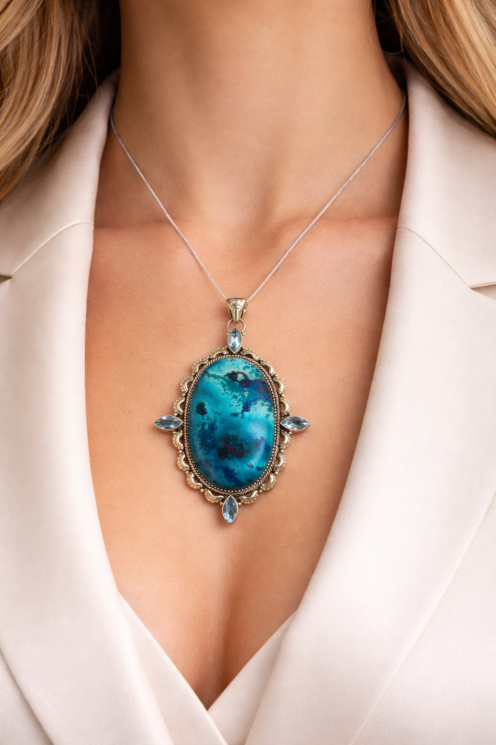 Extra Large Shattuckite pendant , gifts for her, layering necklace, 925 sterling silver setting, natural stone pendant, blue gemstone