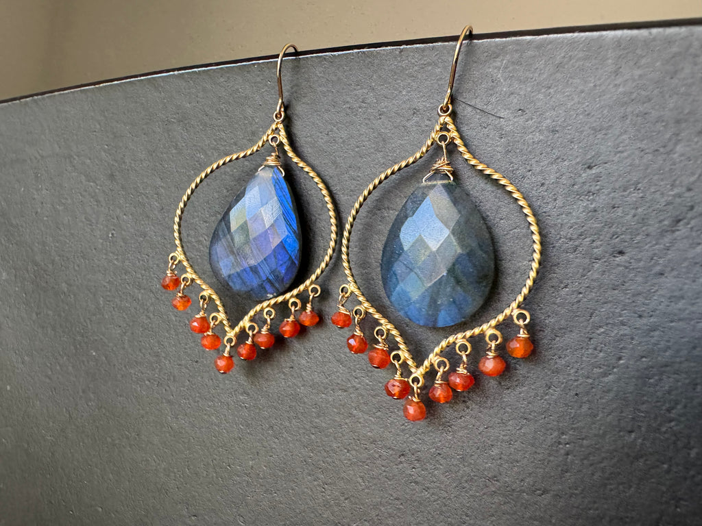 Labradorite Chandelier Earrings,Vermeil Gold, Carnelian beaded earrings, gifts for her