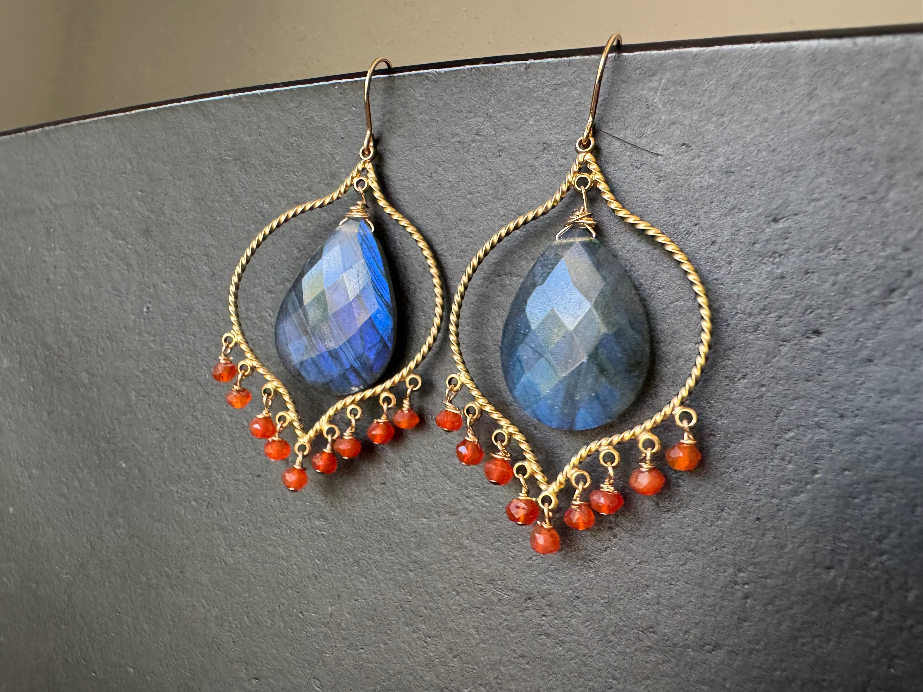 Labradorite Chandelier Earrings,Vermeil Gold, Carnelian beaded earrings, gifts for her