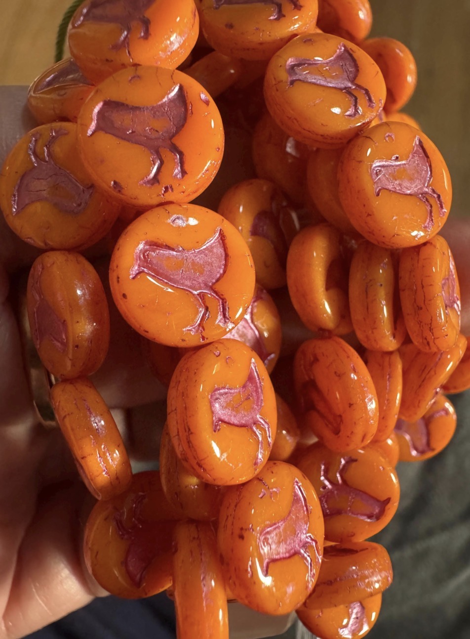 Premium Czech beads, orange coin with bird in pink wash, size 12mm , quantity 10 beads