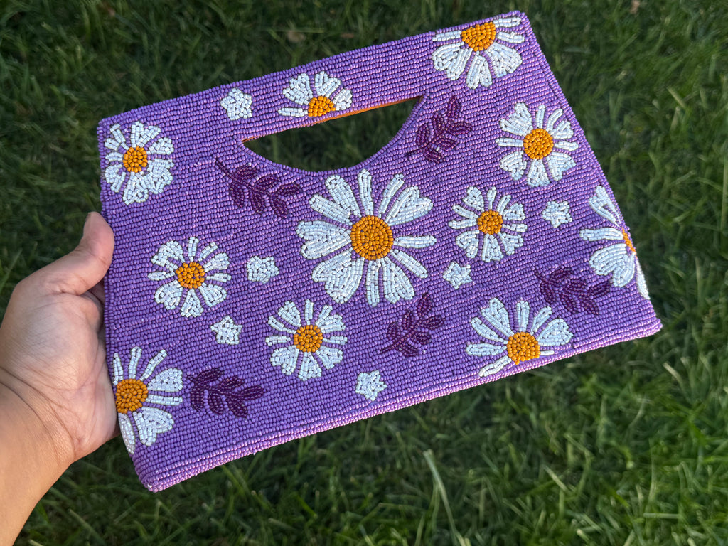 Daisy Handmade Beaded clutch bag, detailed beaded clutch, evening party bag with string, Gift for her