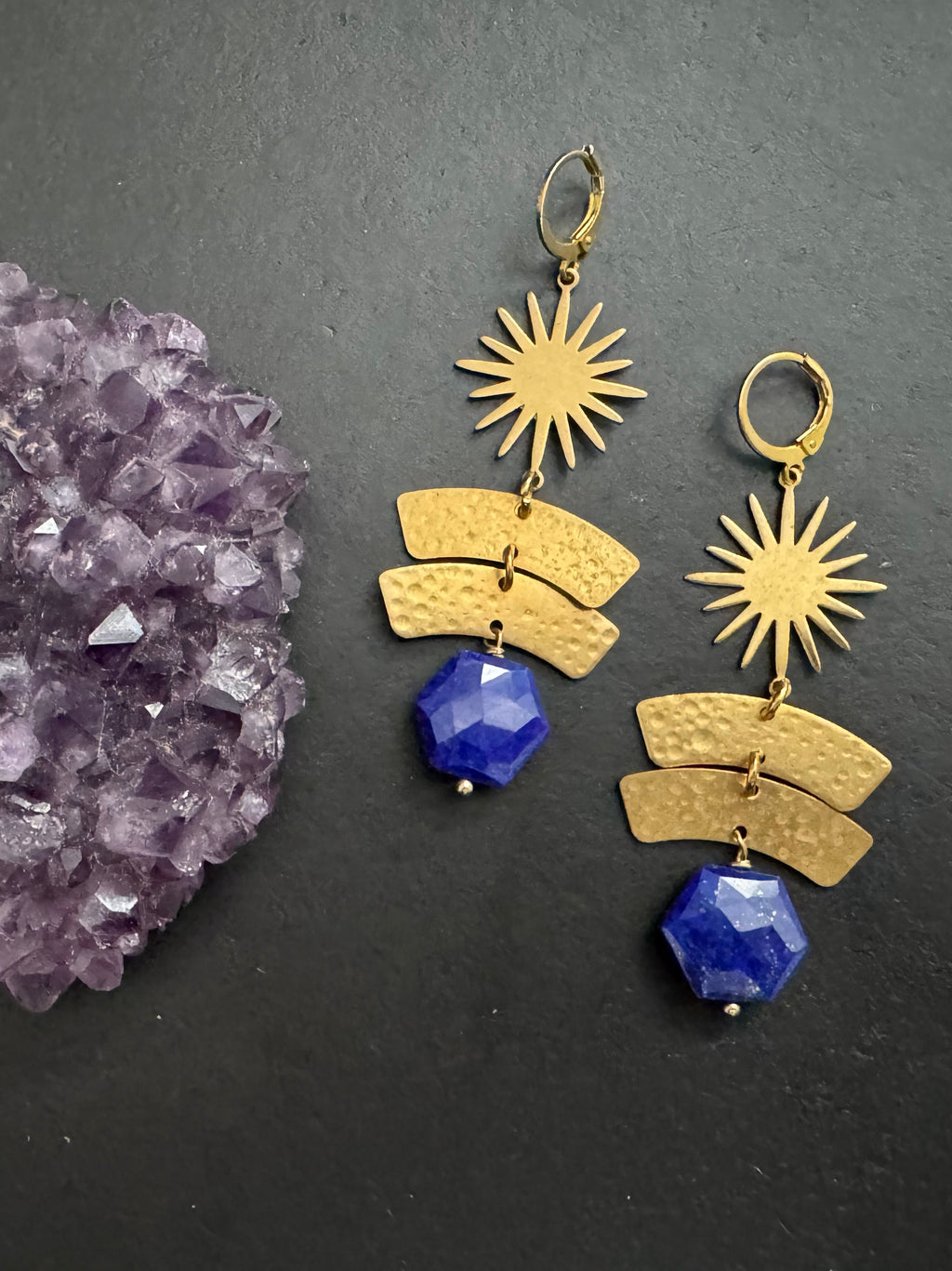 Lapis lazuli earrings,Statement earrings, Modern brass earrings,brass earrings