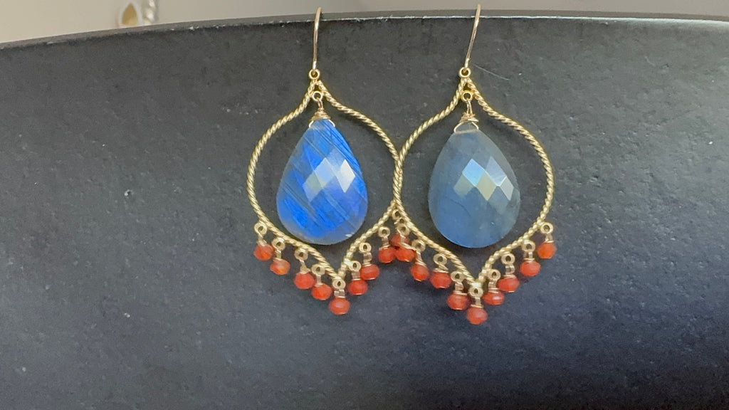 Labradorite Chandelier Earrings,Vermeil Gold, Carnelian beaded earrings, gifts for her