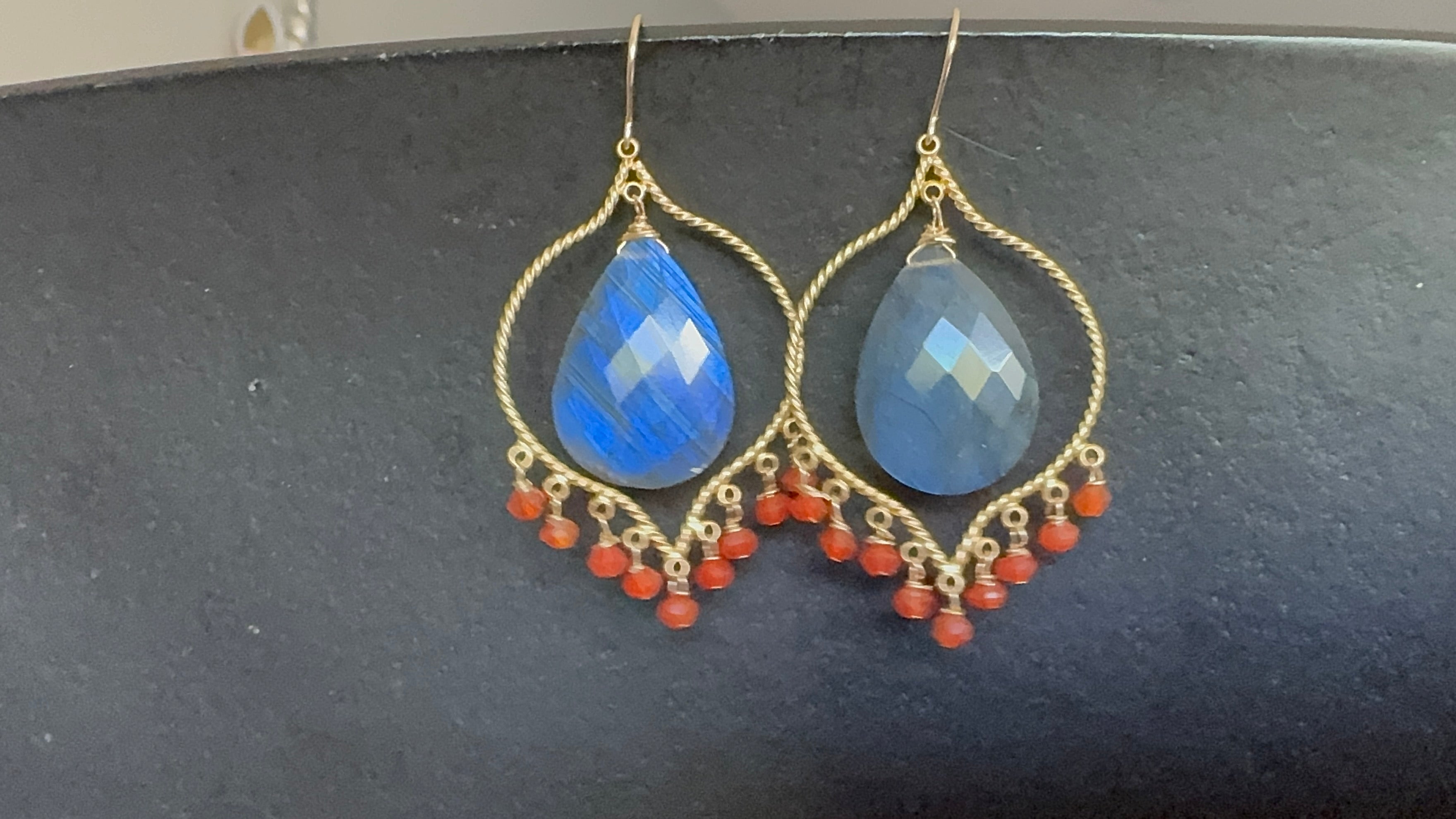 Labradorite Chandelier Earrings,Vermeil Gold, Carnelian beaded earrings, gifts for her