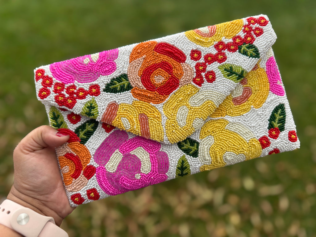 Colorful Beaded Floral Clutch Purse | Handmade Seed Bead Evening Bag | Boho Statement Clutch | Flower Beaded Handbag | both sides beaded