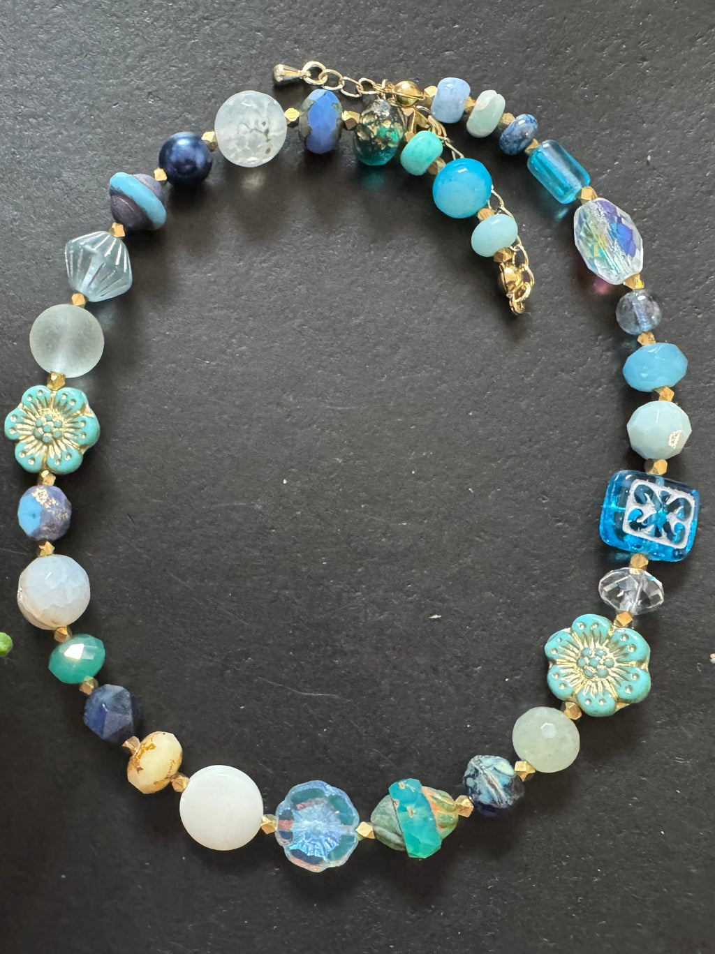 Handcrafted Czech Glass & Gemstone Layered Necklace | Boho Statement Necklace | Artisan Beaded Jewelry | beaded choker | adjustable 2”