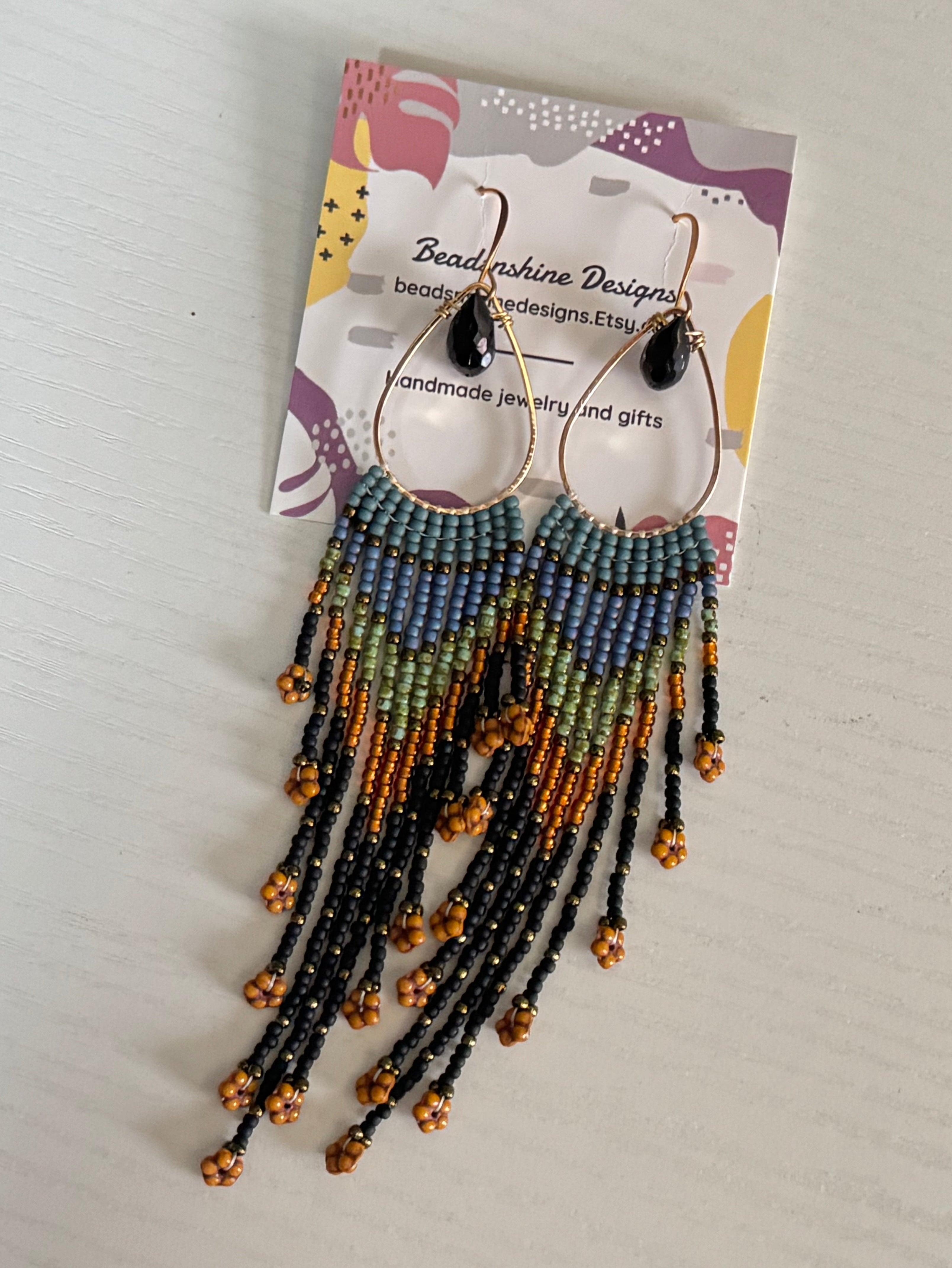 Handmade Statement beaded earrings, onyx gemstone earrings, medium length earrings, boho earrings, seed bead earrings, gift for women