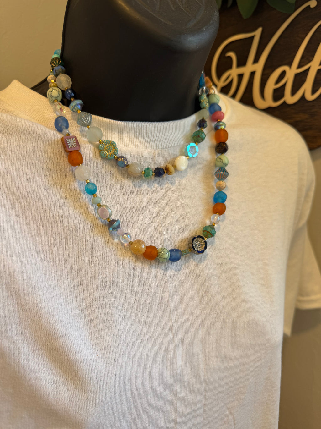 Handcrafted Czech Glass & Gemstone Layered Necklace | Boho Statement Necklace | Artisan Beaded Jewelry | beaded choker | adjustable 2”
