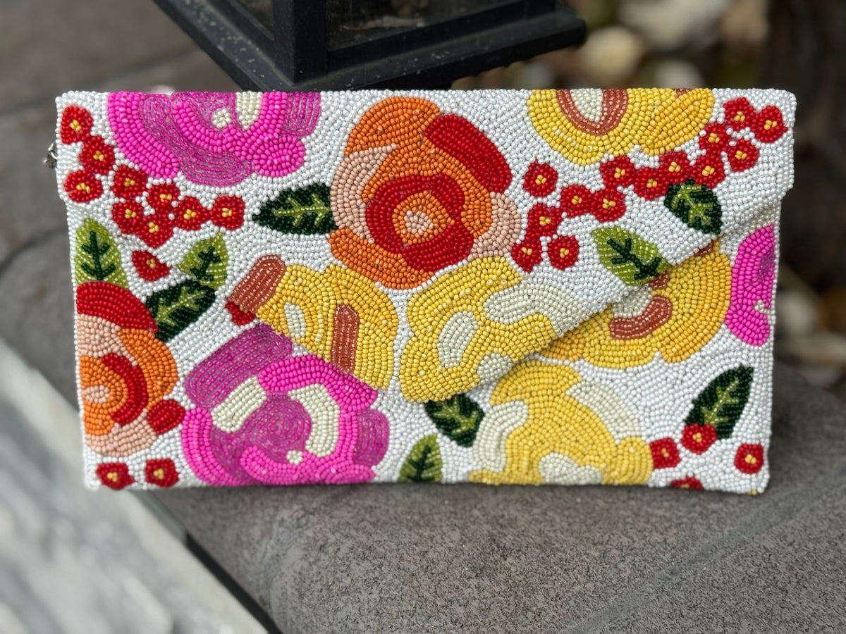 Colorful Beaded Floral Clutch Purse | Handmade Seed Bead Evening Bag | Boho Statement Clutch | Flower Beaded Handbag | both sides beaded