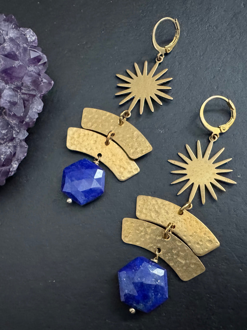 Lapis lazuli earrings,Statement earrings, Modern brass earrings,brass earrings