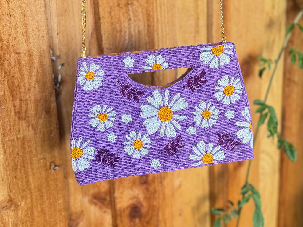 Daisy Handmade Beaded clutch bag, detailed beaded clutch, evening party bag with string, Gift for her