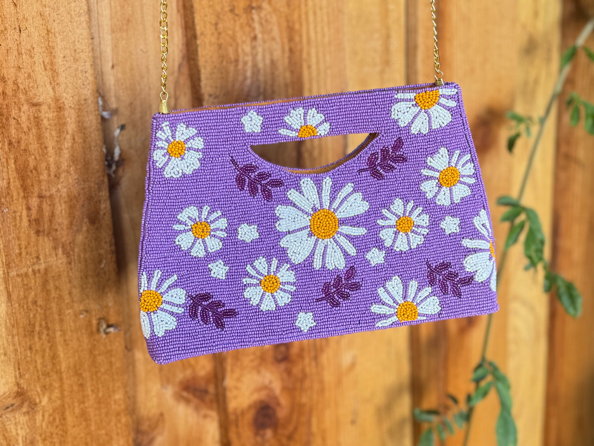Daisy Handmade Beaded clutch bag, detailed beaded clutch, evening party bag with string, Gift for her