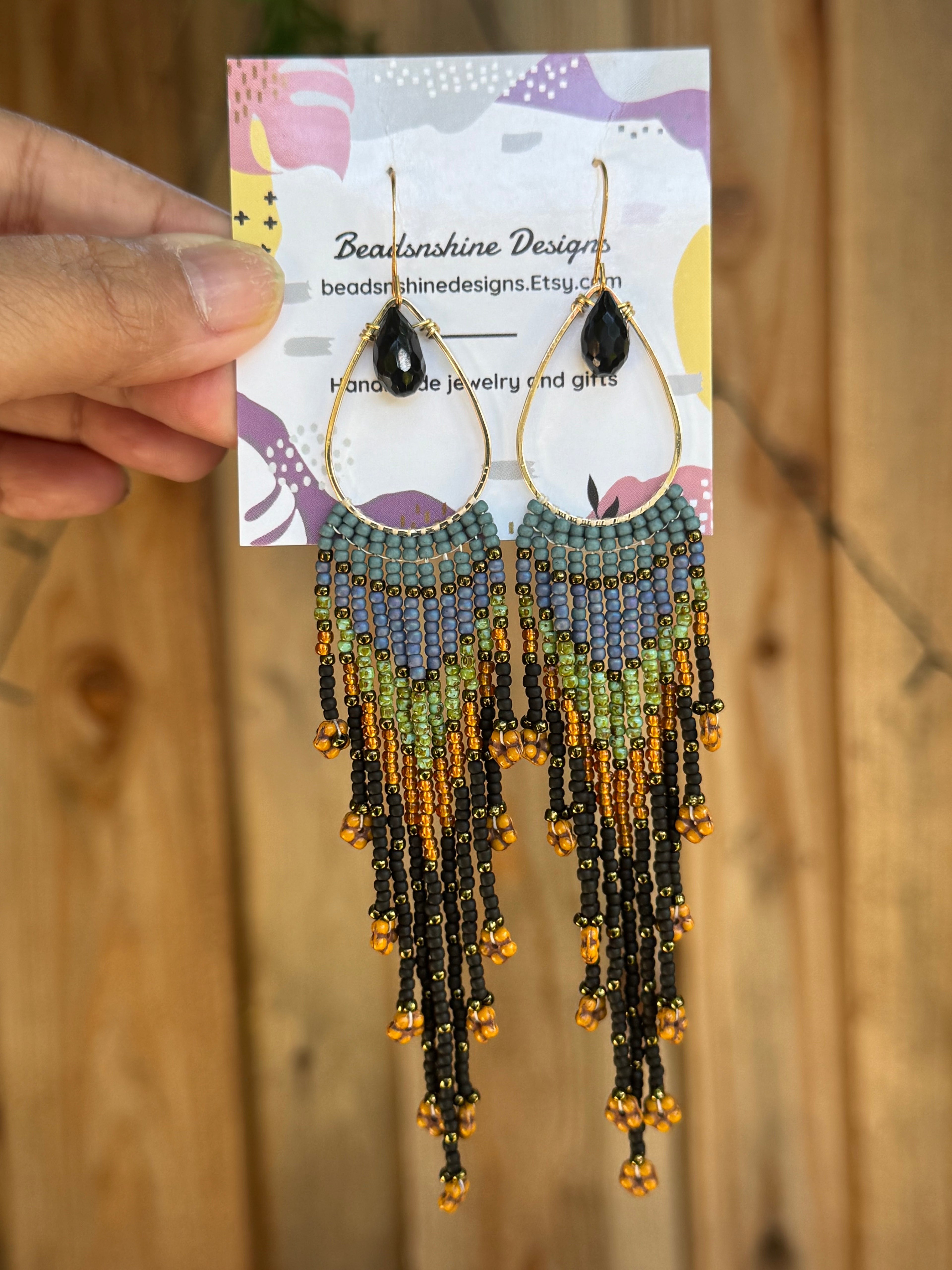 Handmade Statement beaded earrings, onyx gemstone earrings, medium length earrings, boho earrings, seed bead earrings, gift for women
