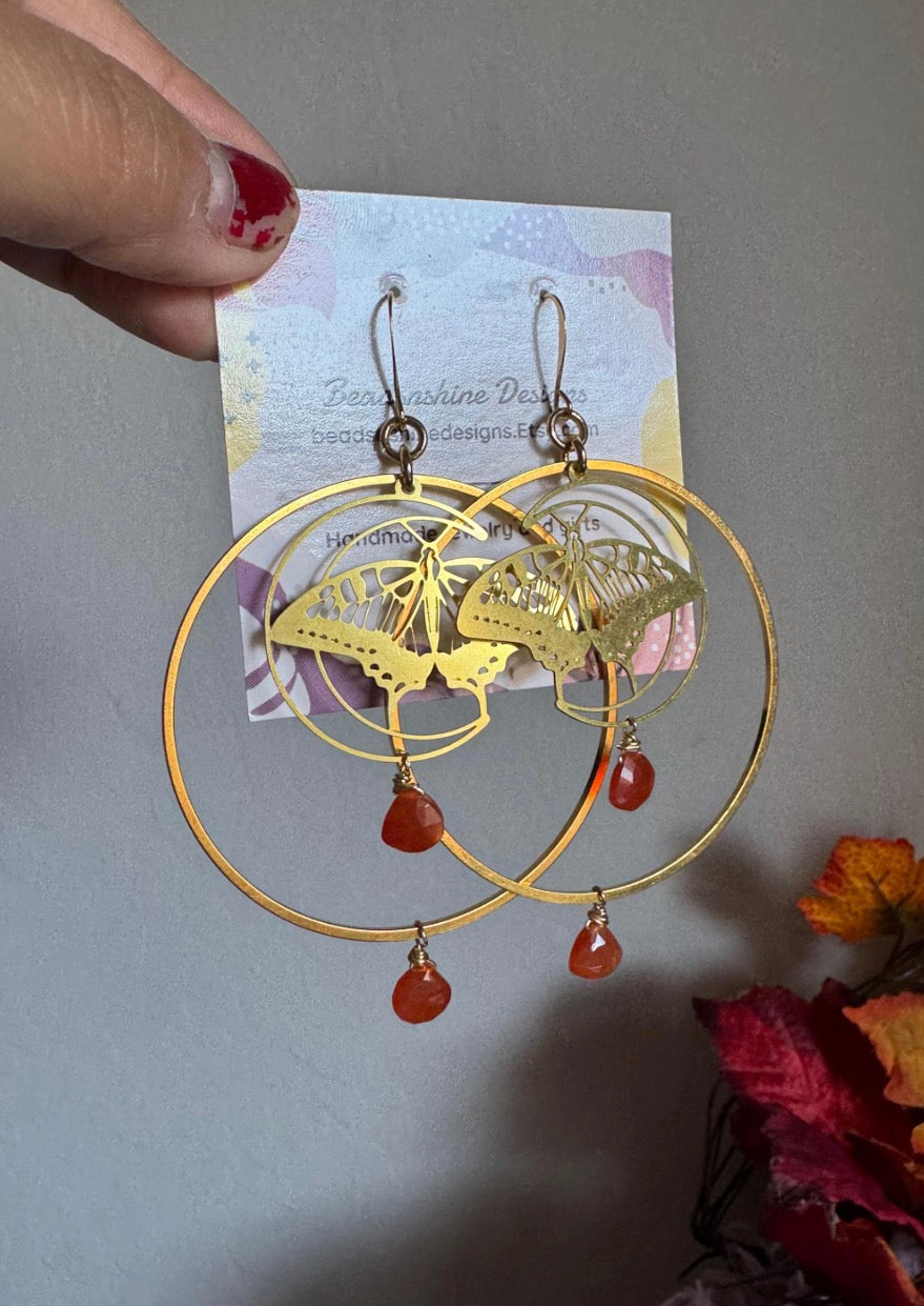 Large Carnelian earrings,Statement earrings, Modern brass earrings, raw brass earrings, gold dangles,