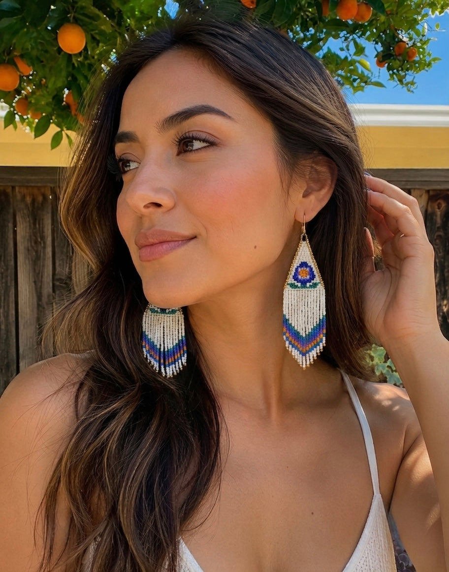 Handbeaded earrings, seed bead fringe, boho statement jewelry, long tassel earrings, summer festival style, unique birthday,lightweight statement, made in California