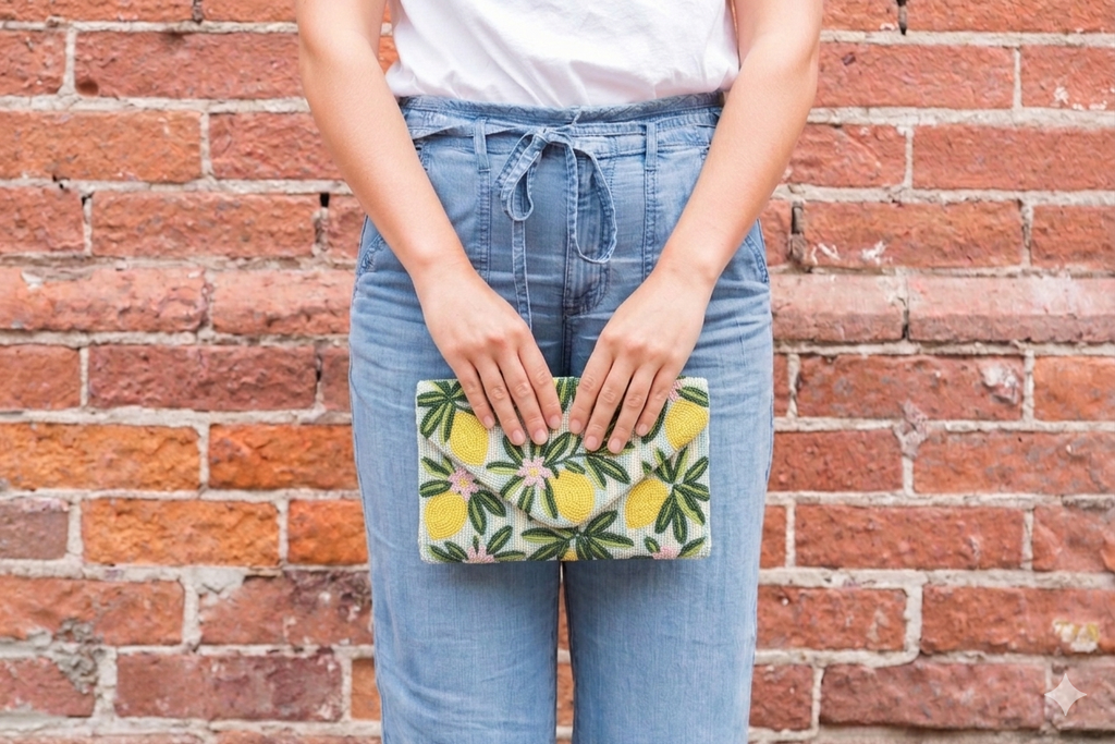 Lemon Beaded Clutch Bag | Handmade Beaded Envelope Clutch | Summer Citrus Purse | Statement Accessory | Tropical Summer Purse | double side