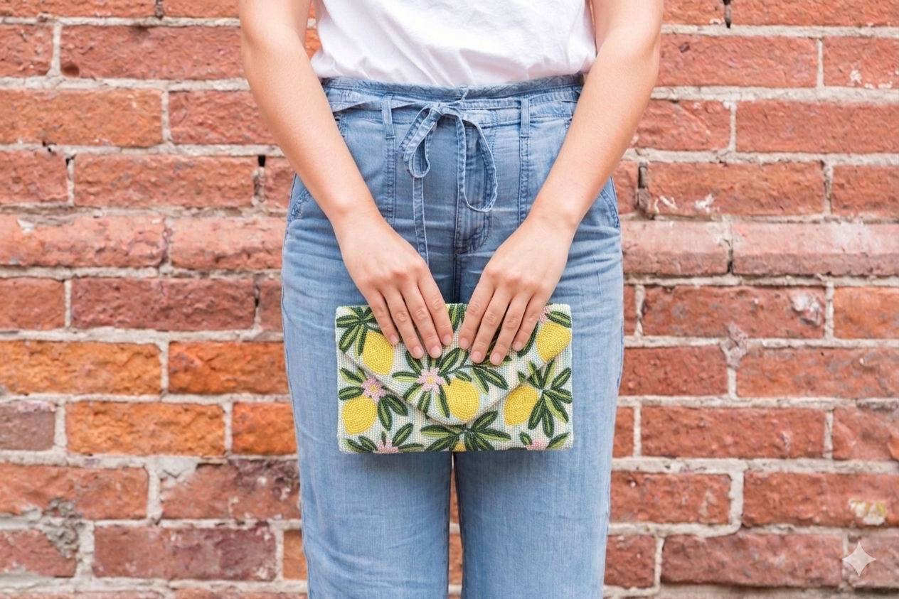 Lemon Beaded Clutch Bag | Handmade Beaded Envelope Clutch | Summer Citrus Purse | Statement Accessory | Tropical Summer Purse | double side