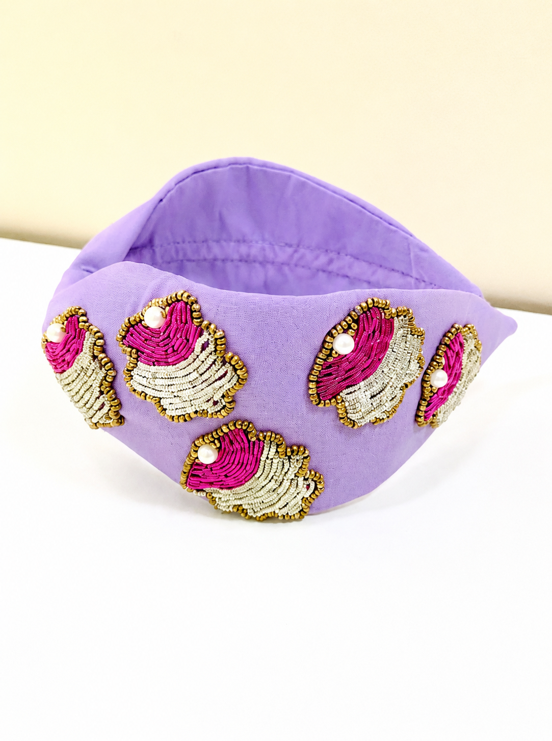 Statement Beaded Knot Headband, Handmade Knot Headband, Wide Knot Headband, Embellished Knot Headband, Seed Bead Headband, lilac color