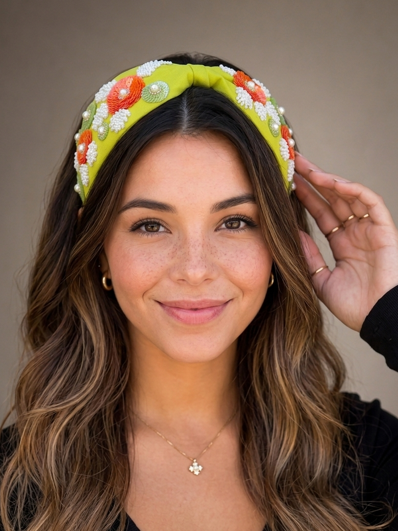 Floral Beaded Knot Headband, Handmade Knot Headband, Wide Knot Headband, Embellished Knot Headband,