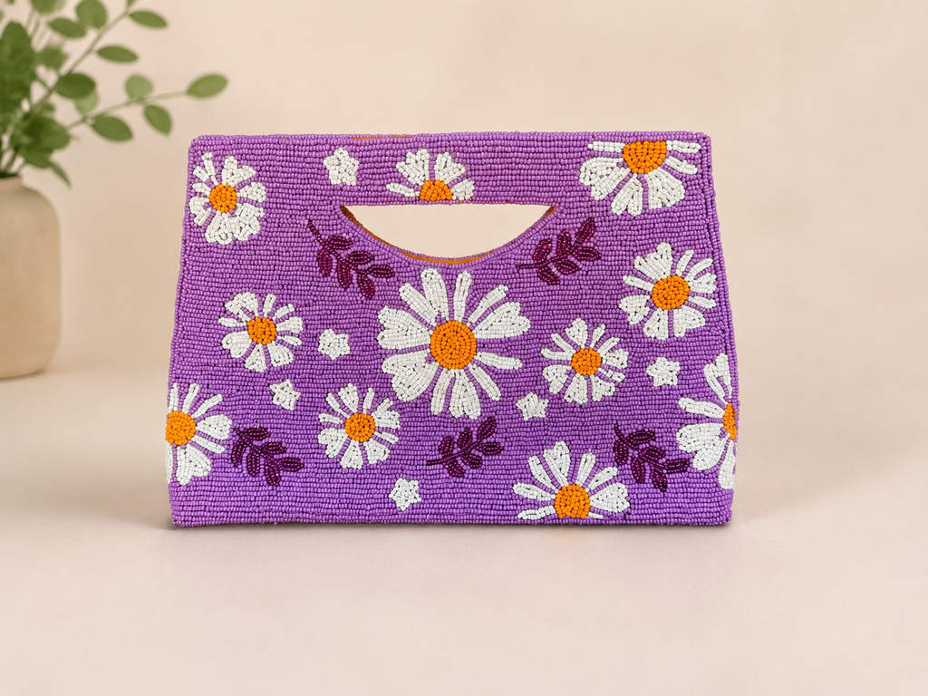 Daisy Handmade Beaded clutch bag, detailed beaded clutch, evening party bag with string, Gift for her