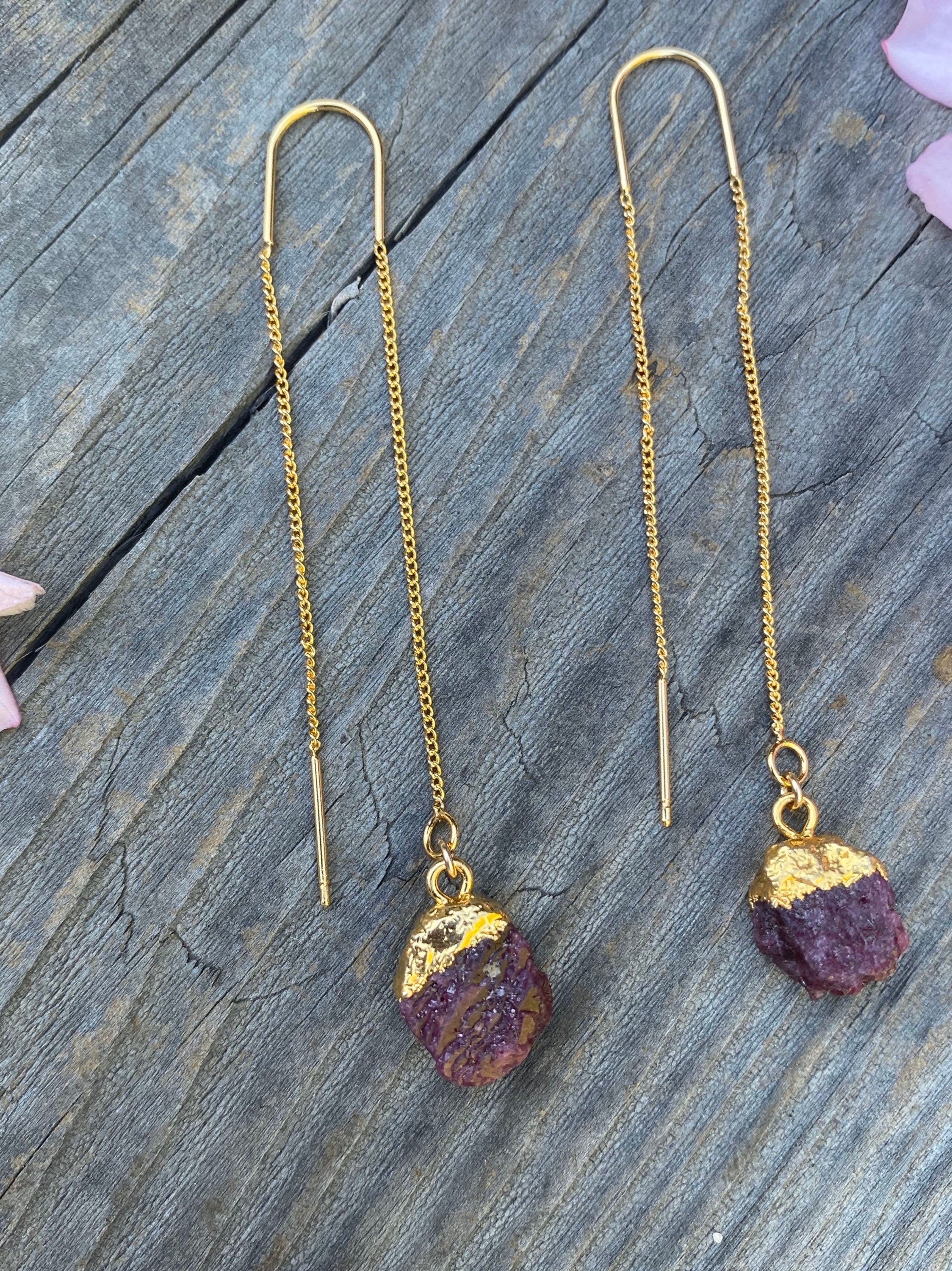 Gold threader earrings, raw natural ruby earrings,dainty and minimalist,sterling silver 925 , gifts for her, july birthstone