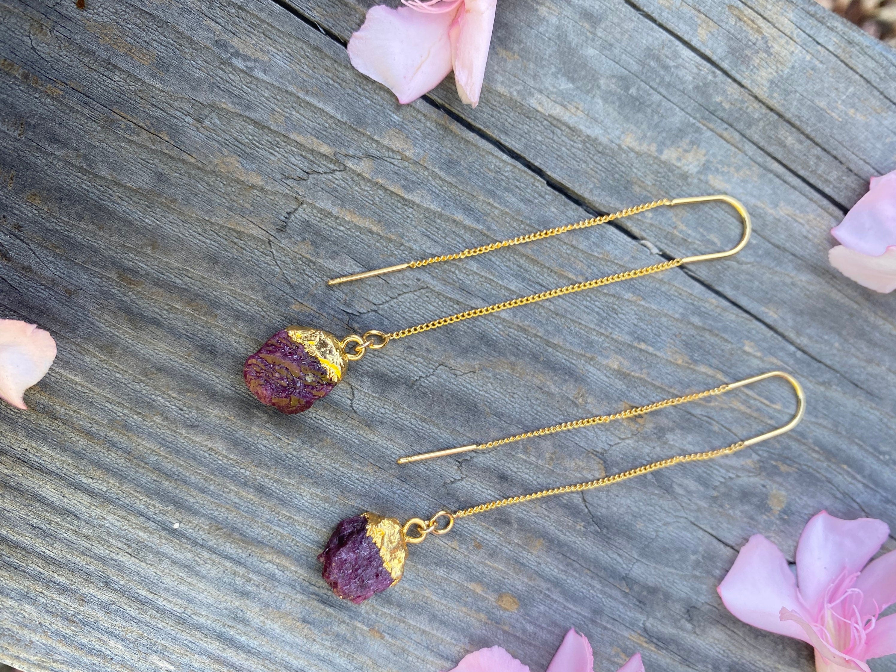 Gold threader earrings, raw natural ruby earrings,dainty and minimalist,sterling silver 925 , gifts for her, july birthstone