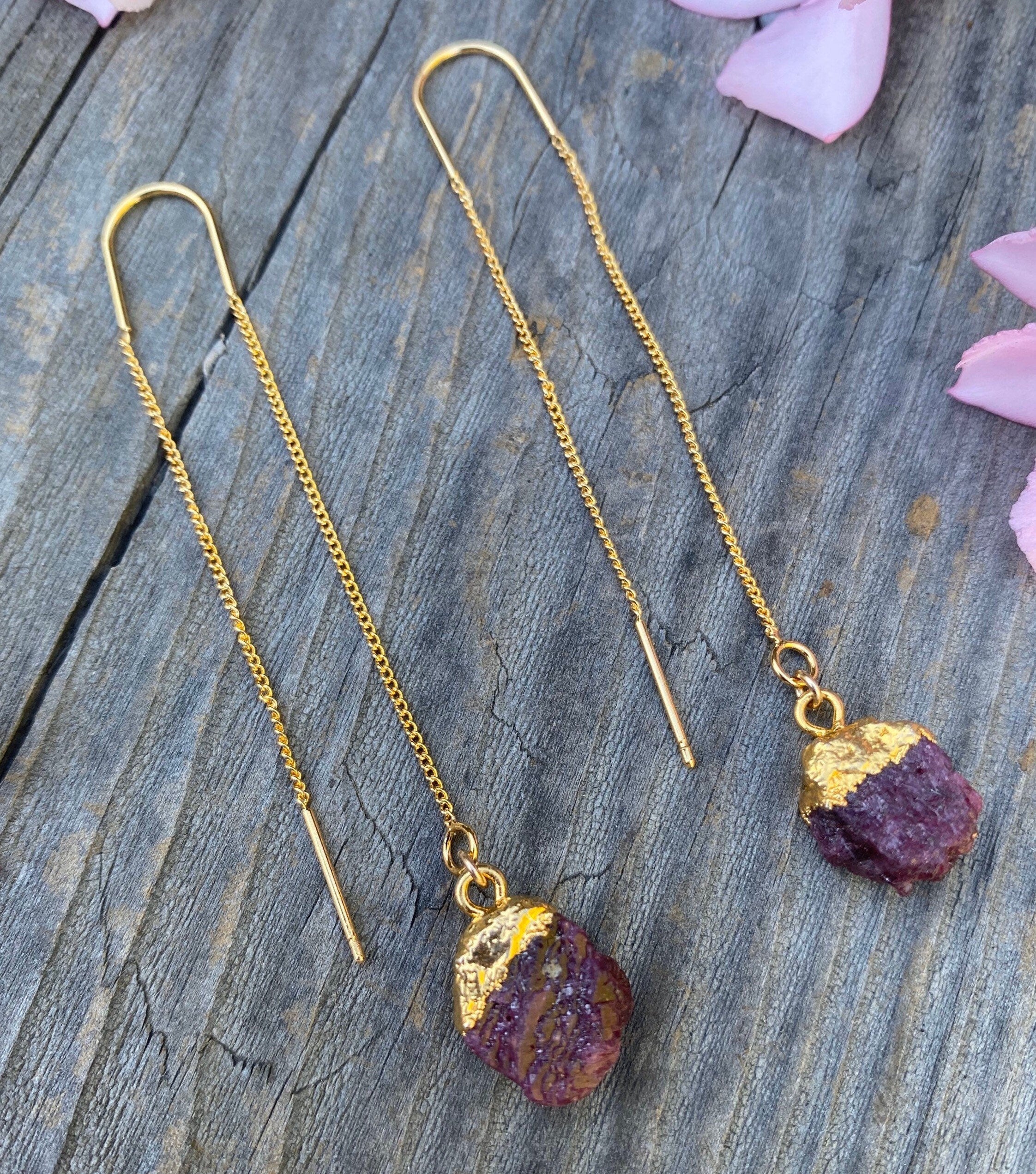 Gold threader earrings, raw natural ruby earrings,dainty and minimalist,sterling silver 925 , gifts for her, july birthstone