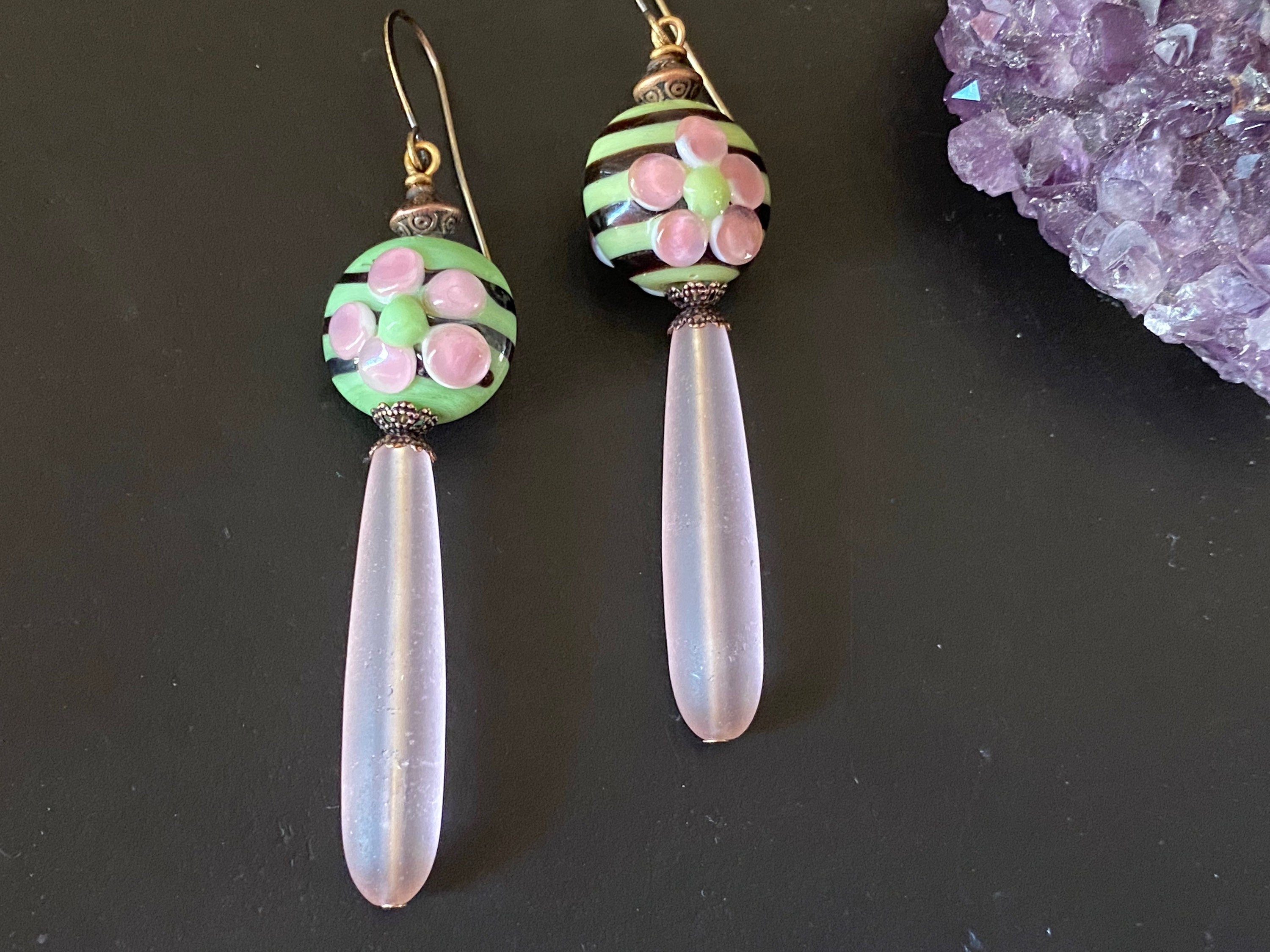 Boho chic jewelry / lampwork bead earring/czech glass earrings / gifts for her/ sea glass tear drop earrings