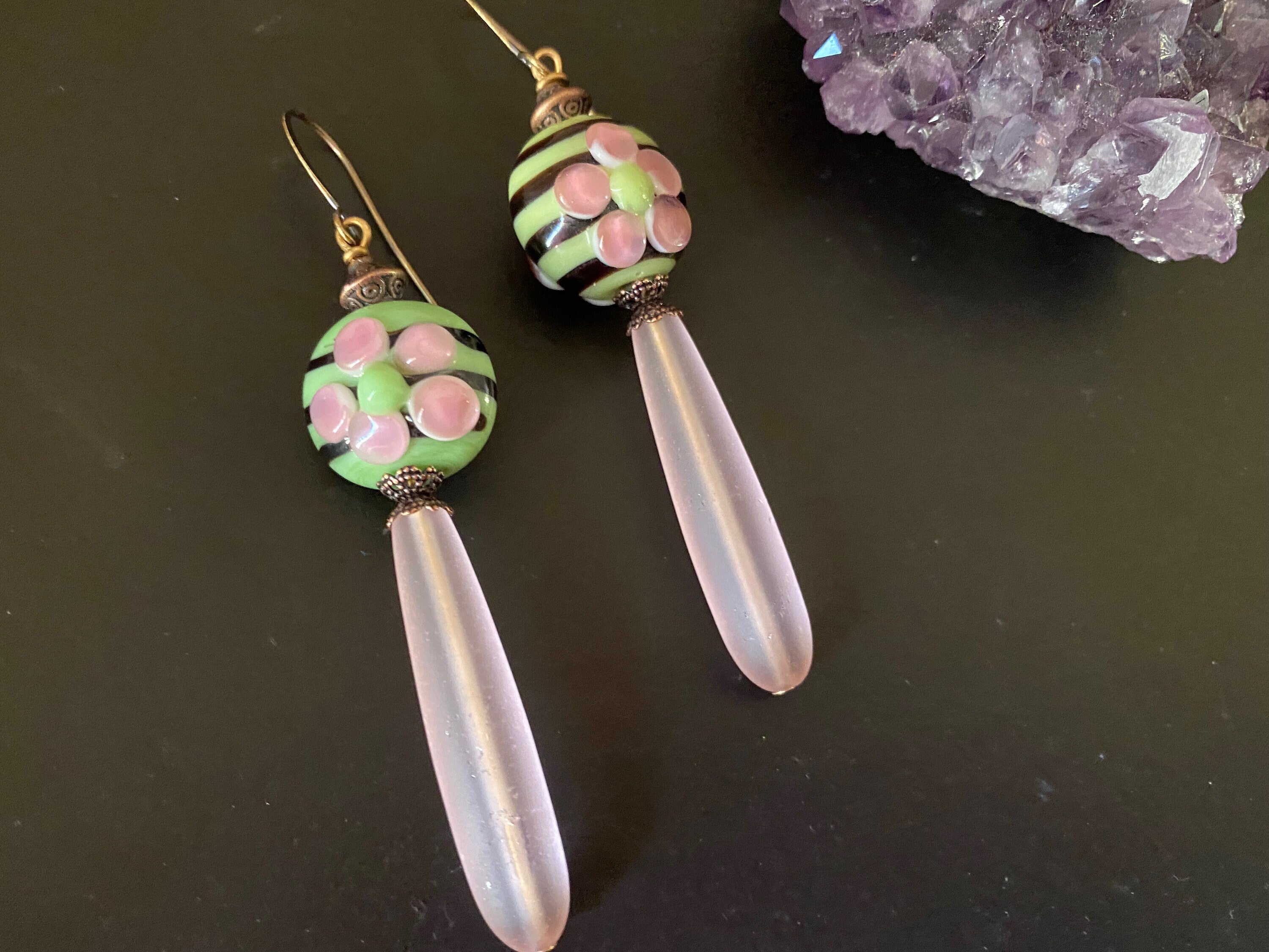 Boho chic jewelry / lampwork bead earring/czech glass earrings / gifts for her/ sea glass tear drop earrings