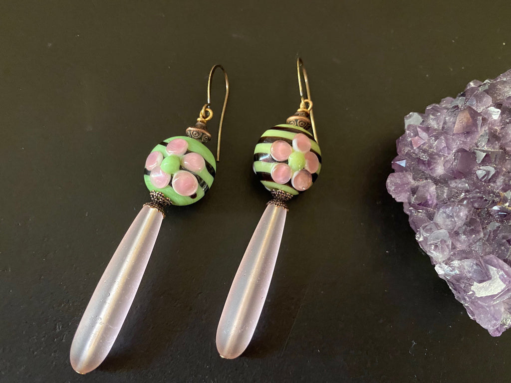 Boho chic jewelry / lampwork bead earring/czech glass earrings / gifts for her/ sea glass tear drop earrings