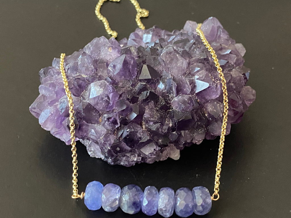 Tanzanite bead bar necklace , gifts for her, layering necklace, 14k gold chain, anti tarnish chain, size 8mm beads, December birthstone