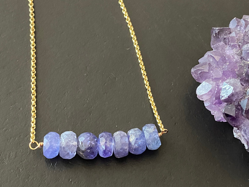 Tanzanite bead bar necklace , gifts for her, layering necklace, 14k gold chain, anti tarnish chain, size 8mm beads, December birthstone