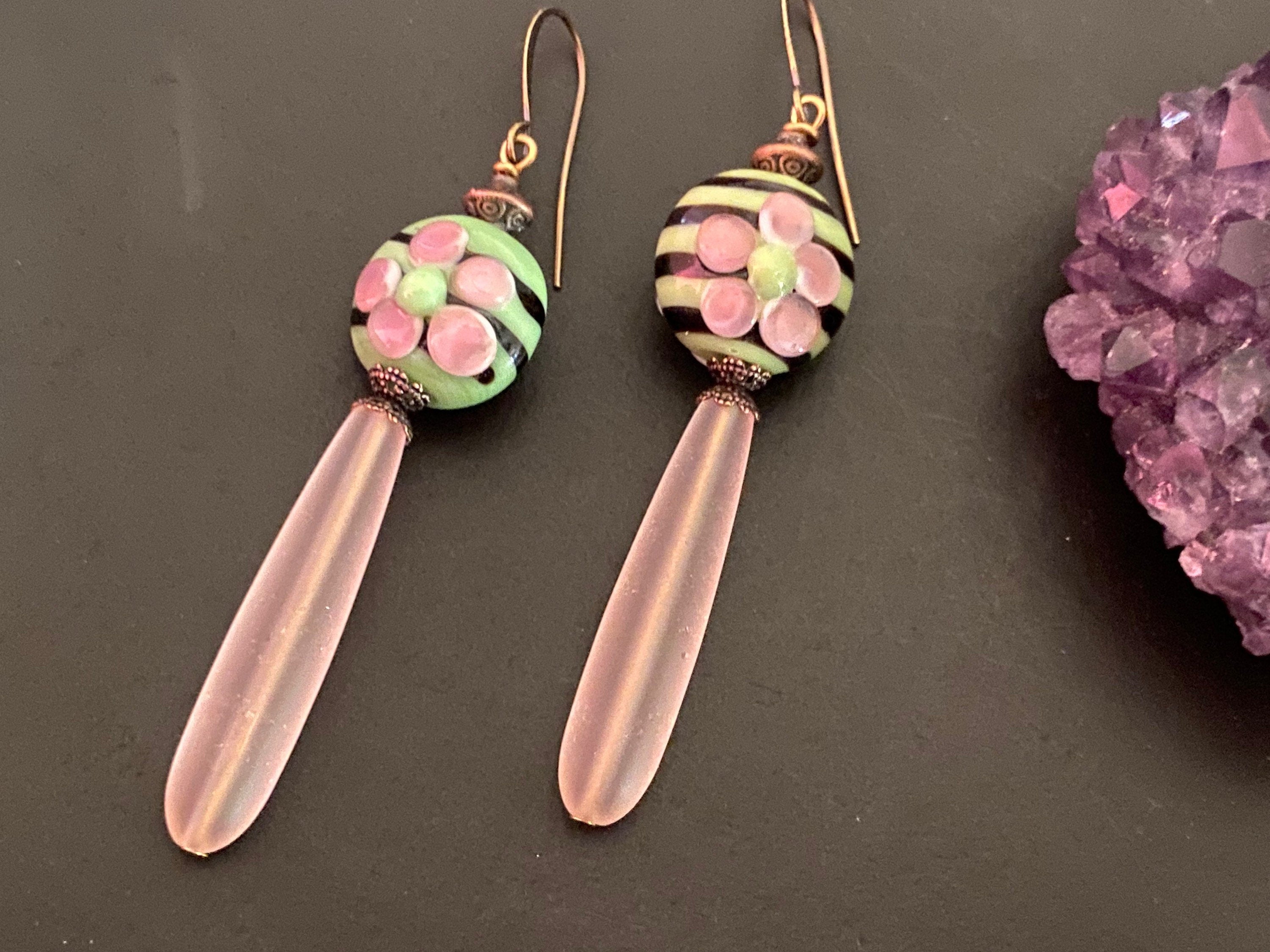 Boho chic jewelry / lampwork bead earring/czech glass earrings / gifts for her/ sea glass tear drop earrings