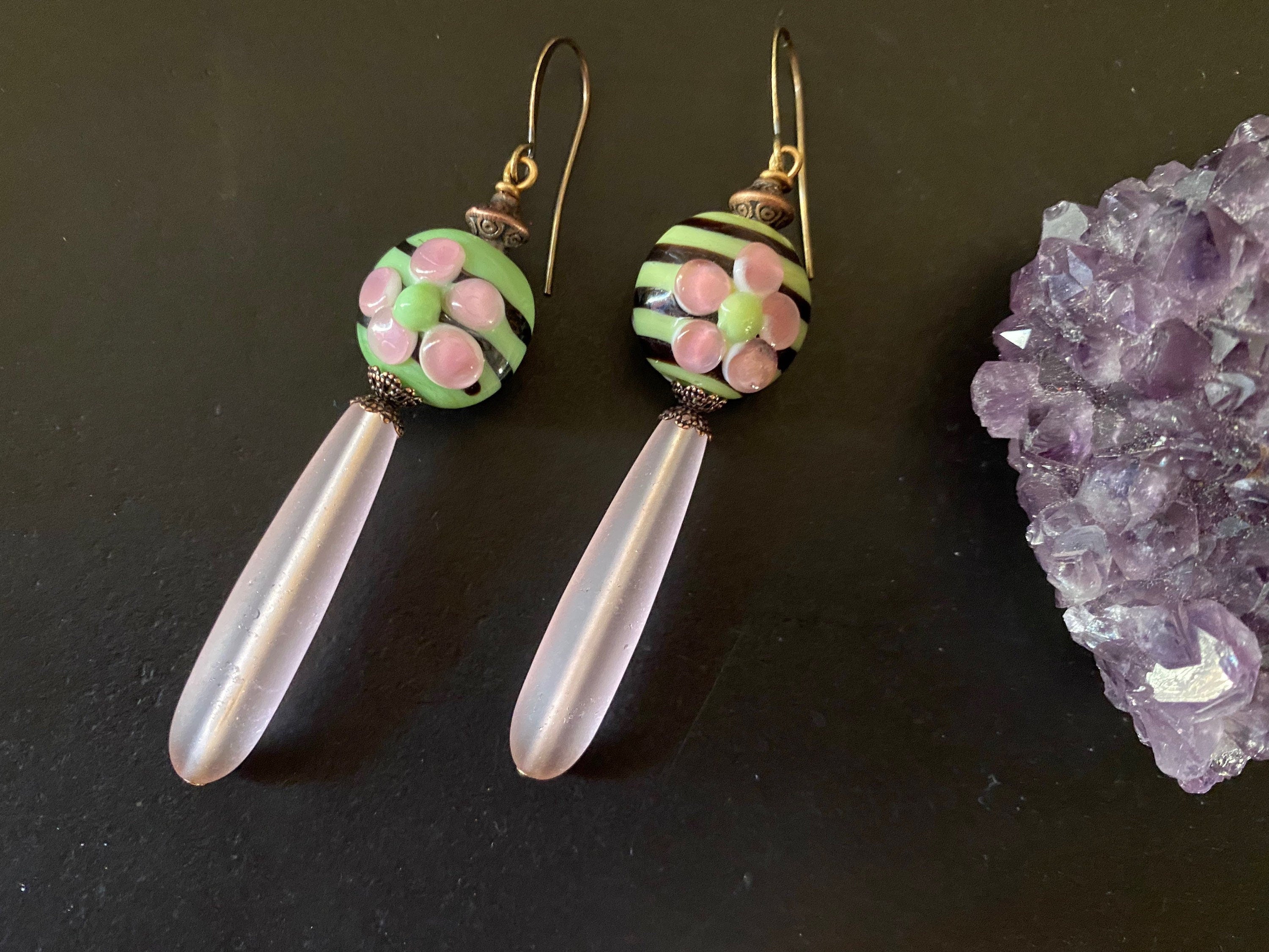 Boho chic jewelry / lampwork bead earring/czech glass earrings / gifts for her/ sea glass tear drop earrings