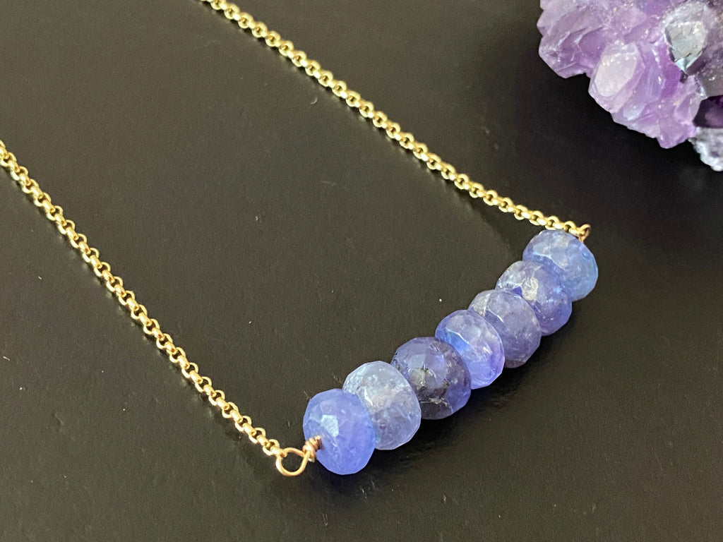 Tanzanite bead bar necklace , gifts for her, layering necklace, 14k gold chain, anti tarnish chain, size 8mm beads, December birthstone