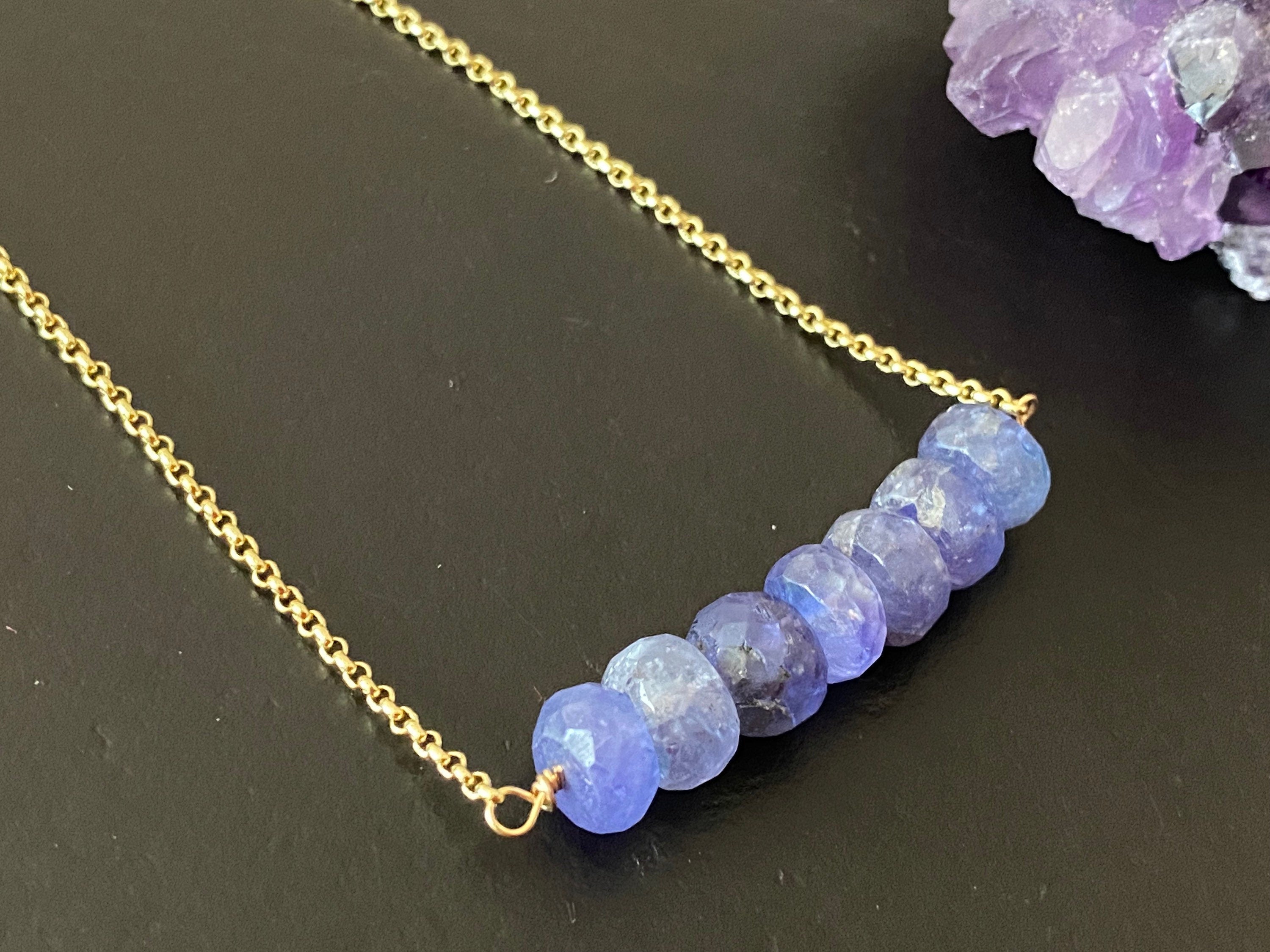 Tanzanite bead bar necklace , gifts for her, layering necklace, 14k gold chain, anti tarnish chain, size 8mm beads, December birthstone