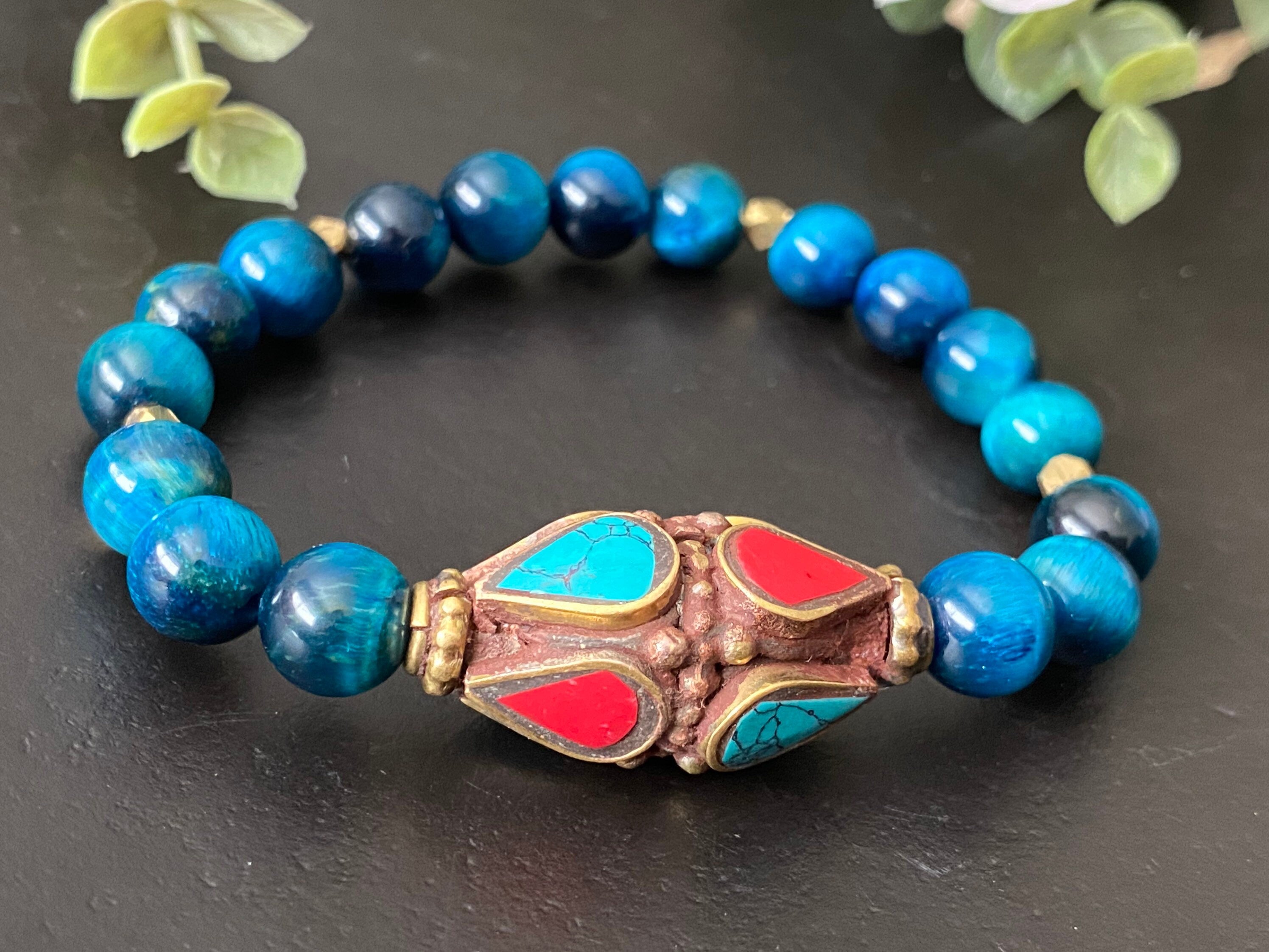 Statement bracelet, boho bracelet, blue tiger eye bracelet, Tibetan bead bracelet