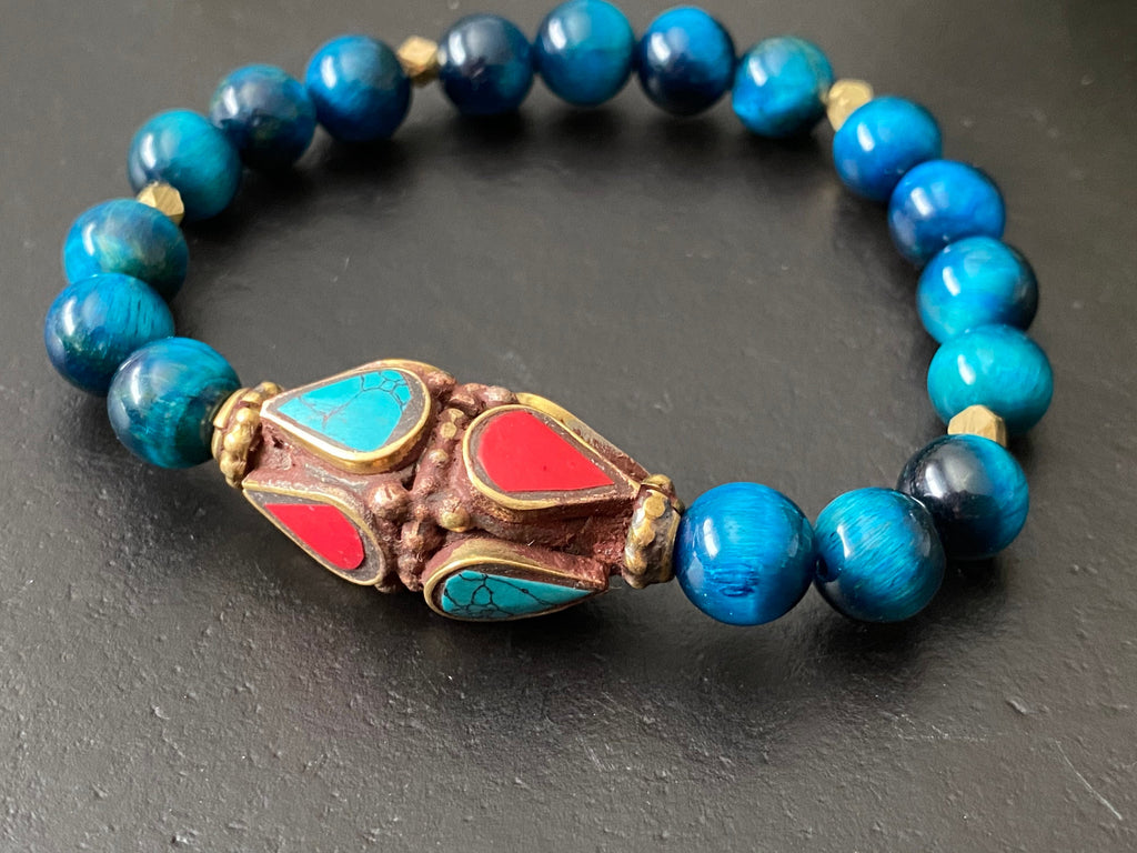 Statement bracelet, boho bracelet, blue tiger eye bracelet, Tibetan bead bracelet