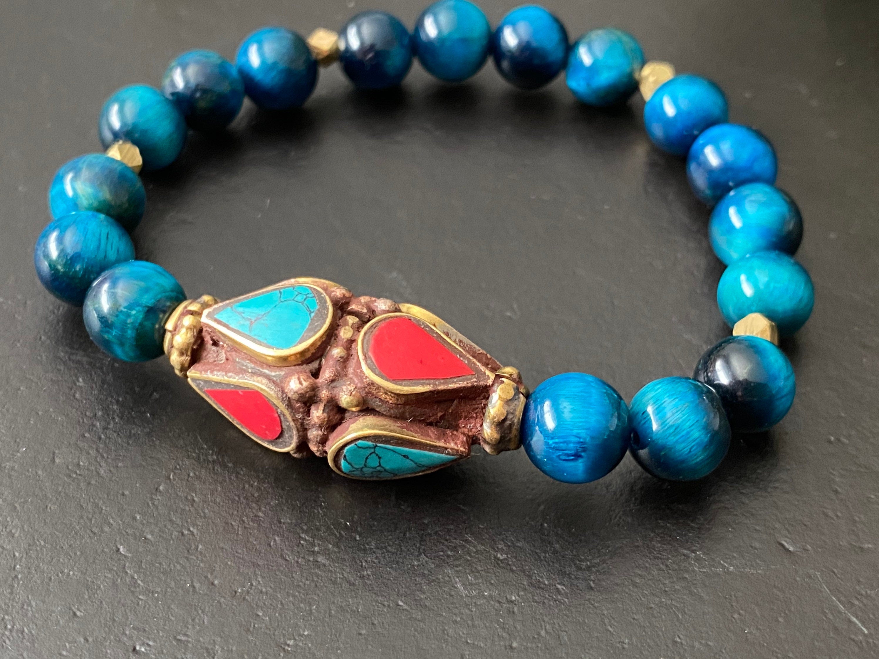 Statement bracelet, boho bracelet, blue tiger eye bracelet, Tibetan bead bracelet