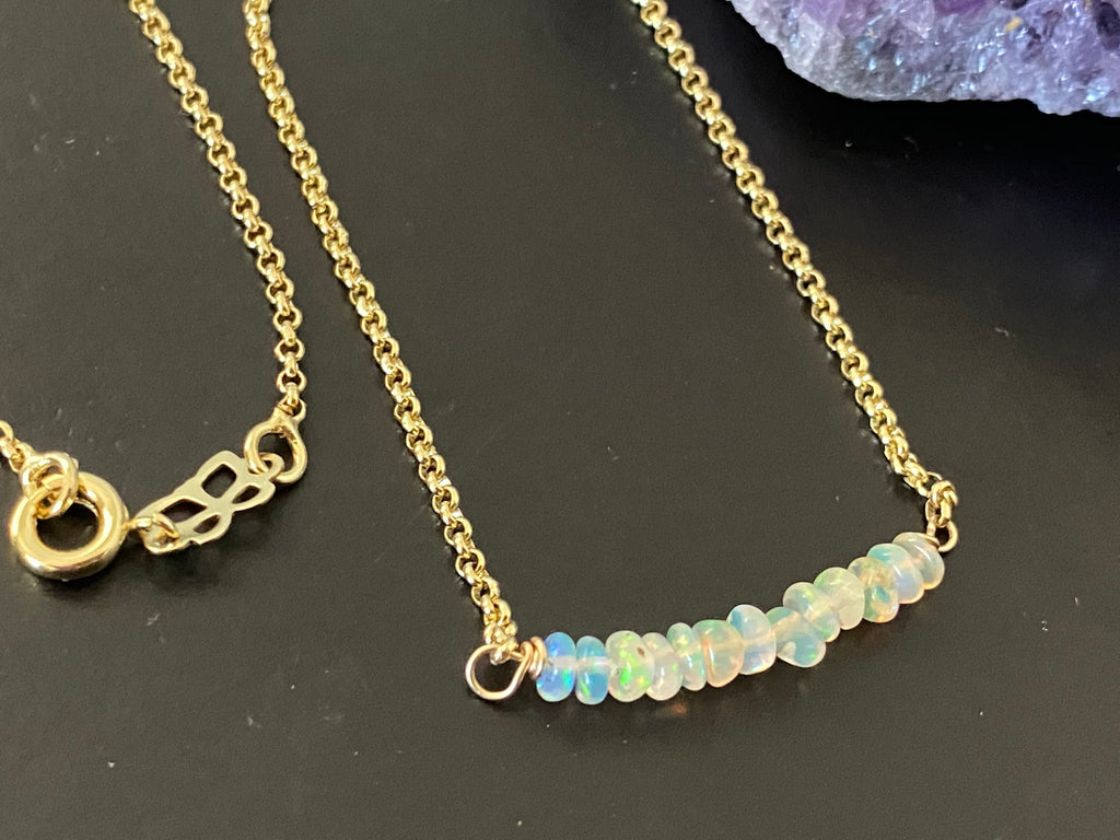 Opal bar necklace, gemstone necklace, 14k gold filled chain, October birthstone, layering necklace