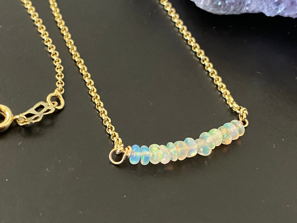 Opal bar necklace, gemstone necklace, anxiety relief necklace, October birthstone, layering necklace