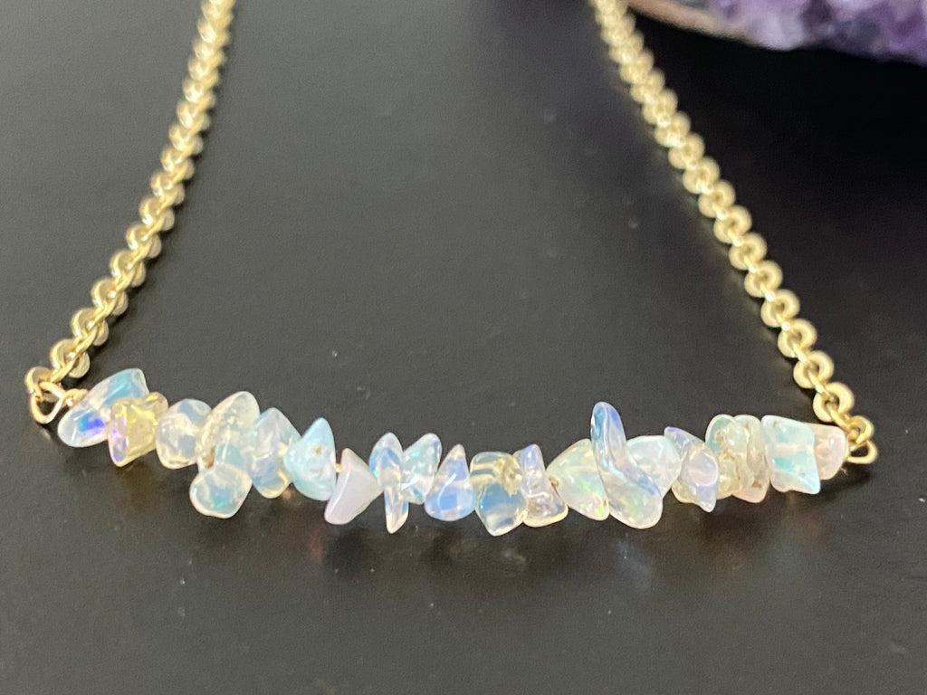 Raw Opal necklace, gemstone necklace, gifts for her, 14k gold filled chain, October birthstone, bar necklace, fire opal