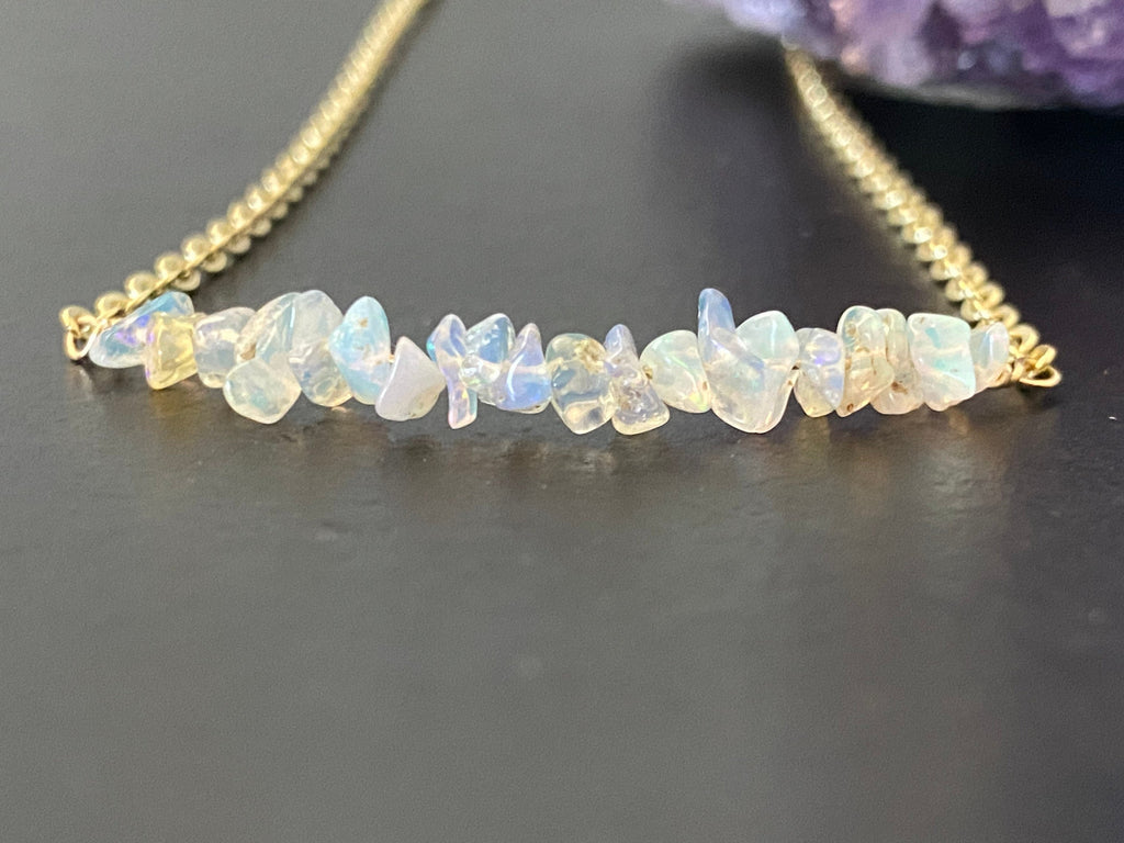 Raw Opal necklace, gemstone necklace, gifts for her, 14k gold filled chain, October birthstone, bar necklace, fire opal