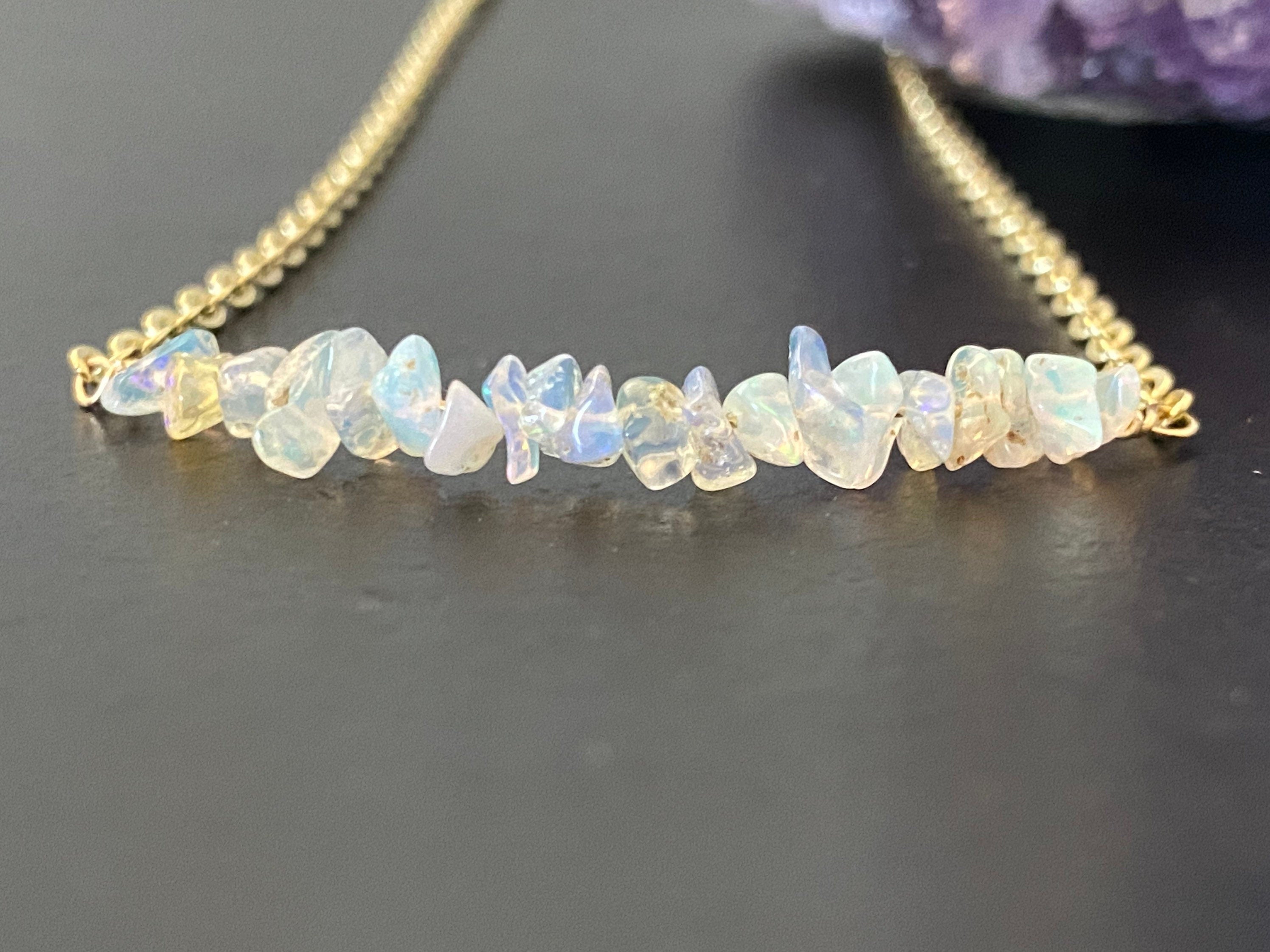 Raw Opal necklace, gemstone necklace, gifts for her, 14k gold filled chain, October birthstone, bar necklace, fire opal