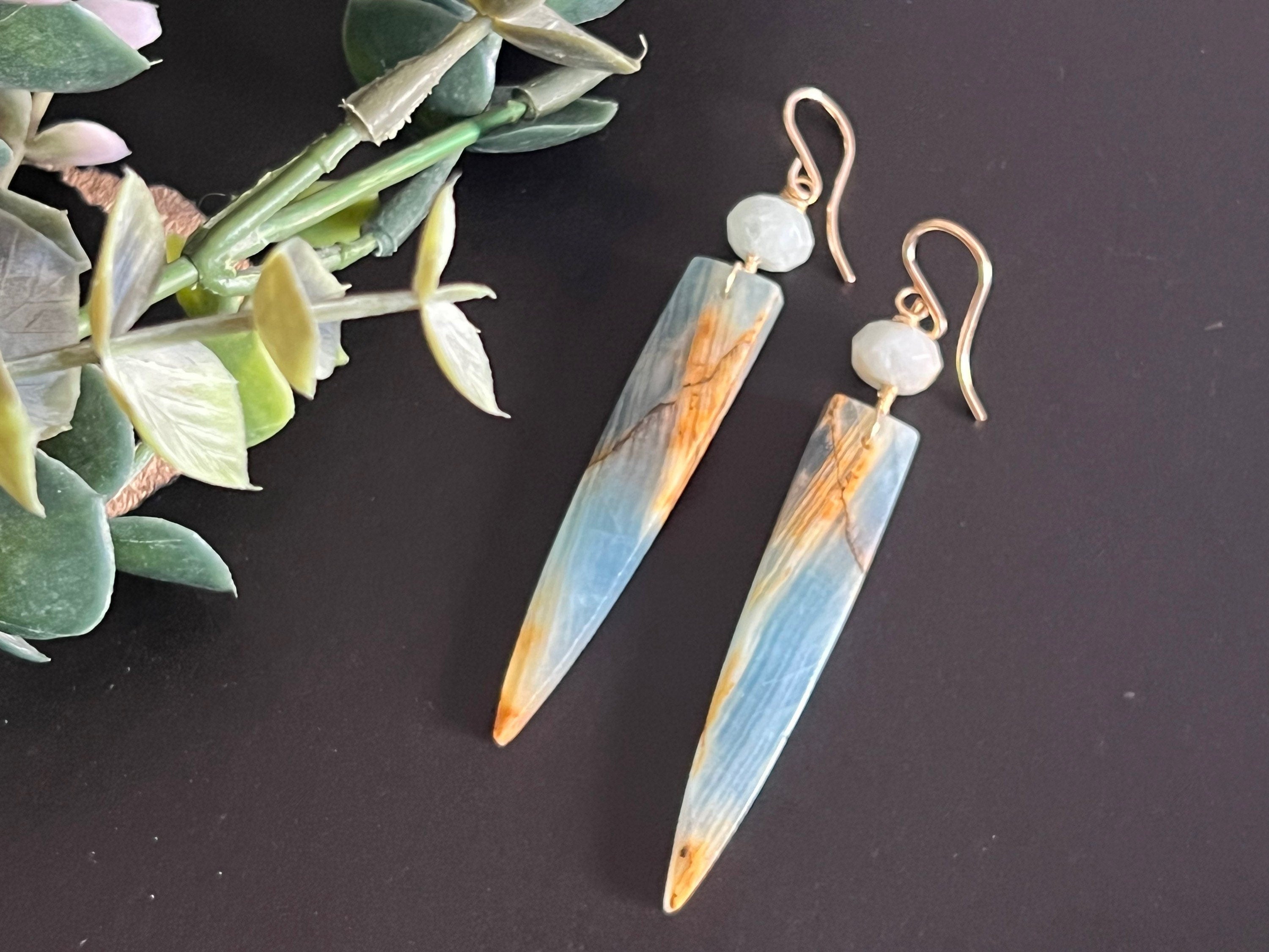 Blue calcite earrings, natural stone jewelry, gifts for women ,dagger earrings, aquamarine earrings,14k gold filled ear hooks