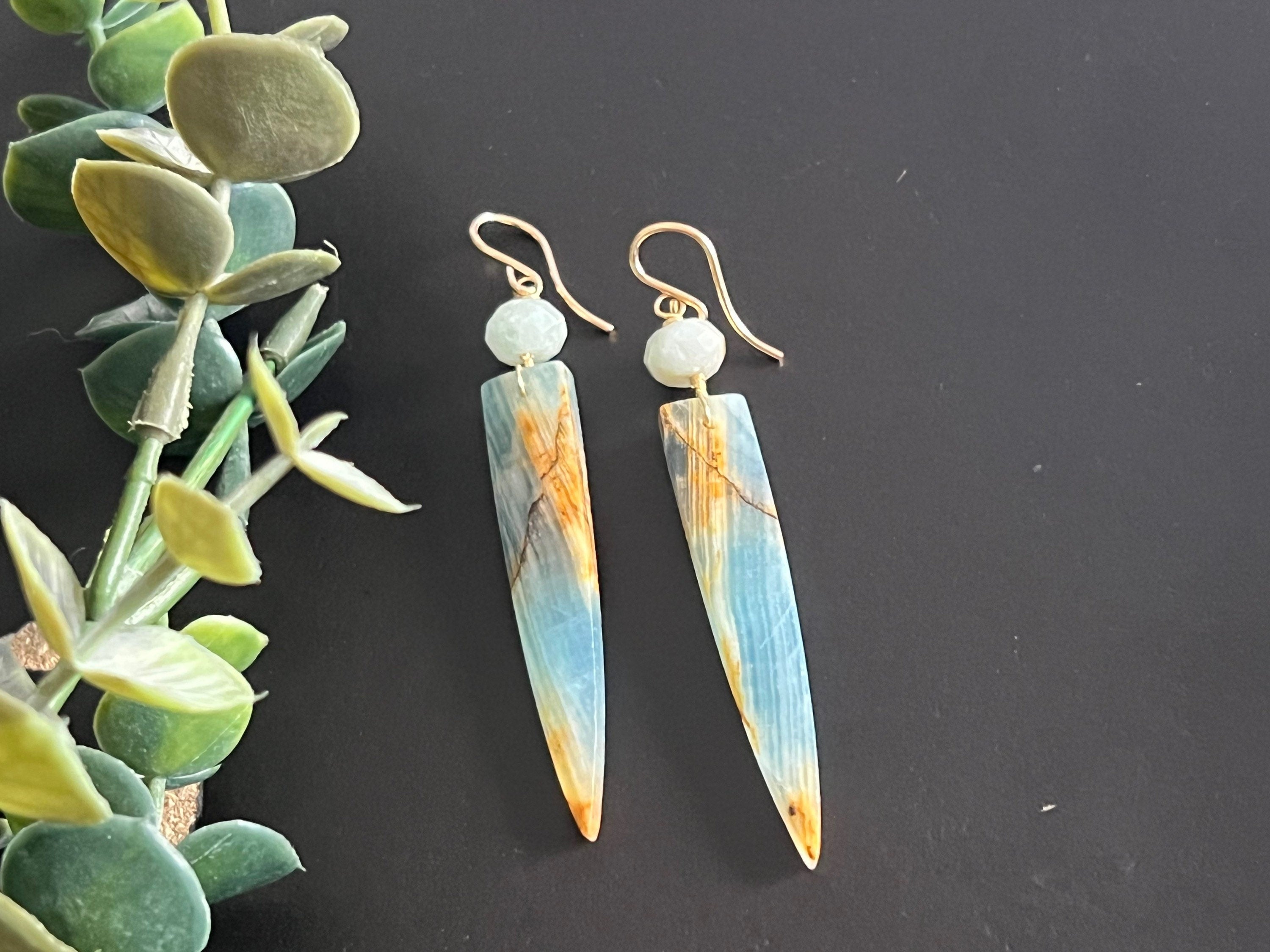 Blue calcite earrings, natural stone jewelry, gifts for women ,dagger earrings, aquamarine earrings,14k gold filled ear hooks